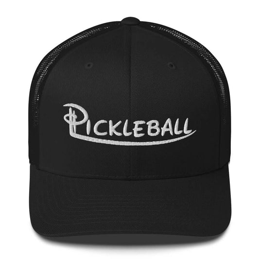 Black pickleball embroidered trucker cap, stylish six-panel design for court or casual wear.