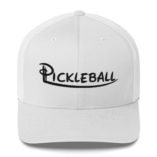 White pickleball embroidered trucker cap with black lettering, ideal for stylish sun protection on and off the court.