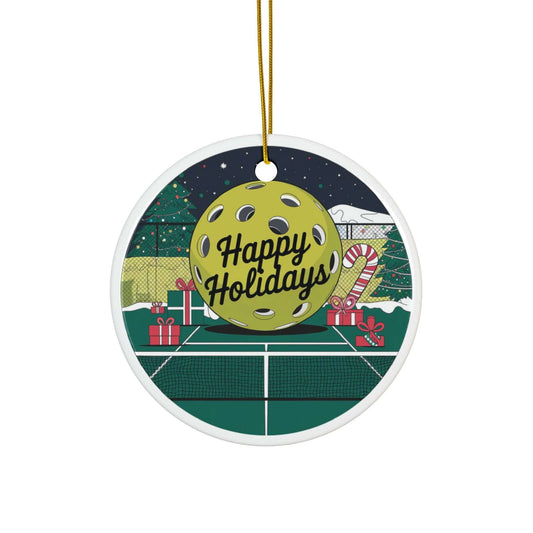Pickleball holiday ornament with "Happy Holidays" text, featuring a festive court design with gifts and candy cane.