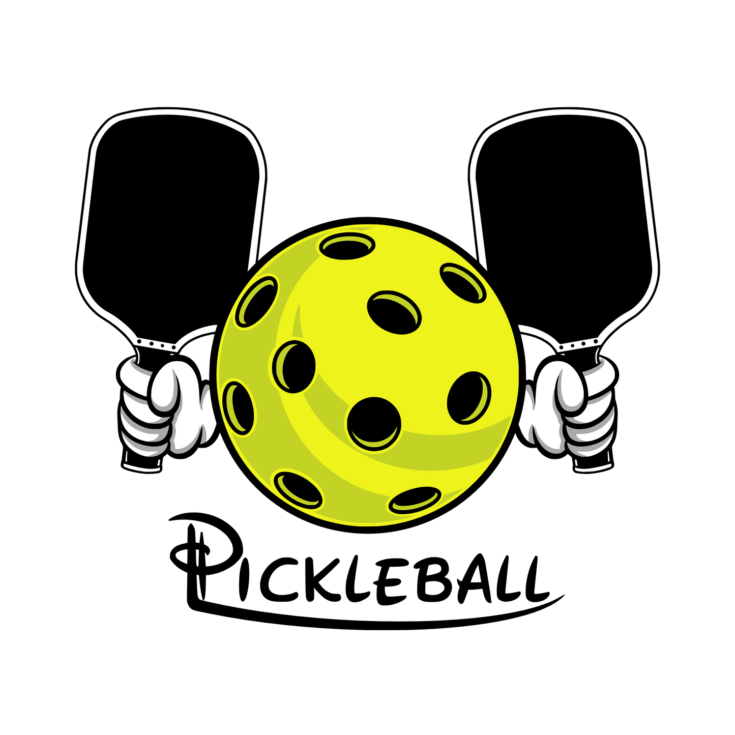 Pickleball logo featuring a yellow ball and paddles, perfect for showcasing your love for Pickleball.