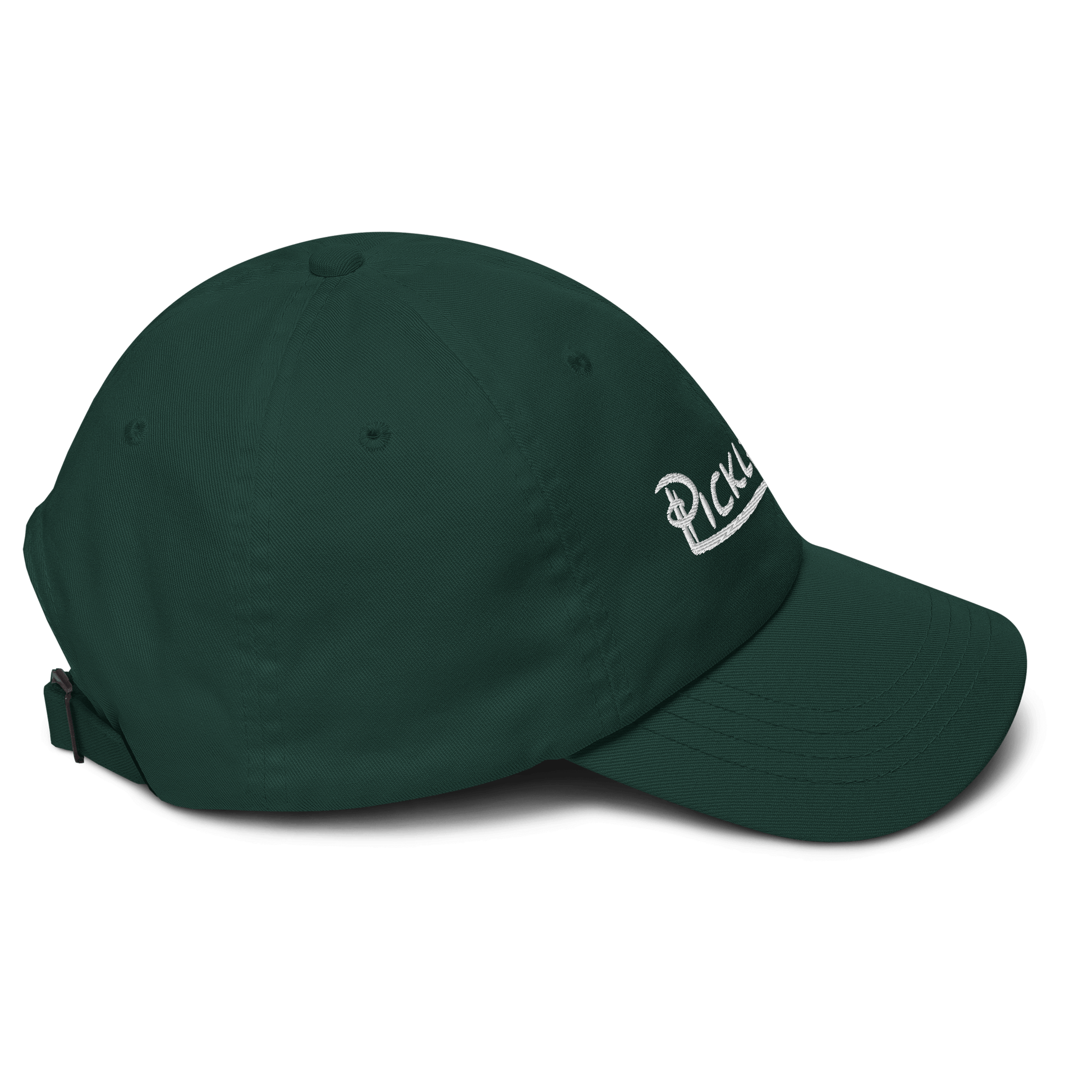 Dark green Low Profile Pickleball Embroidered Adjustable Hat with curved visor and strap.