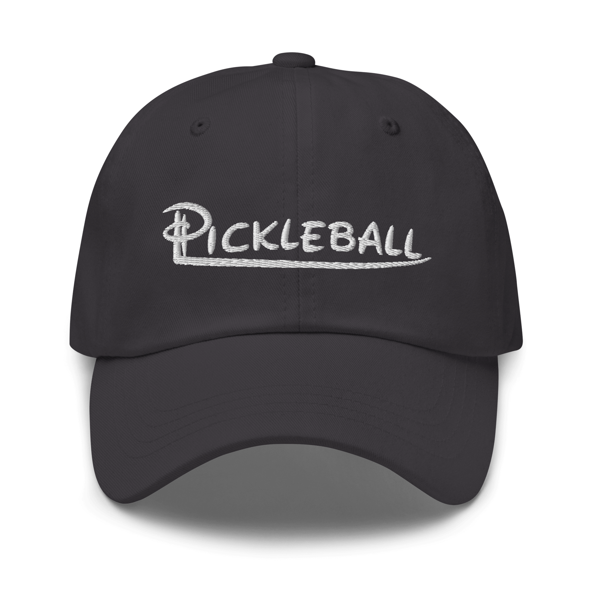 Black pickleball embroidered adjustable hat with low profile design and curved visor