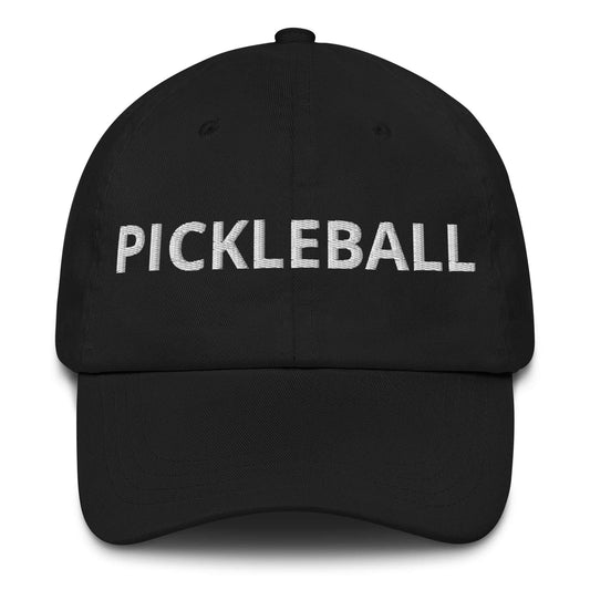 Black dad hat with "Pickleball" in bold white embroidery, perfect for pickleball enthusiasts.
