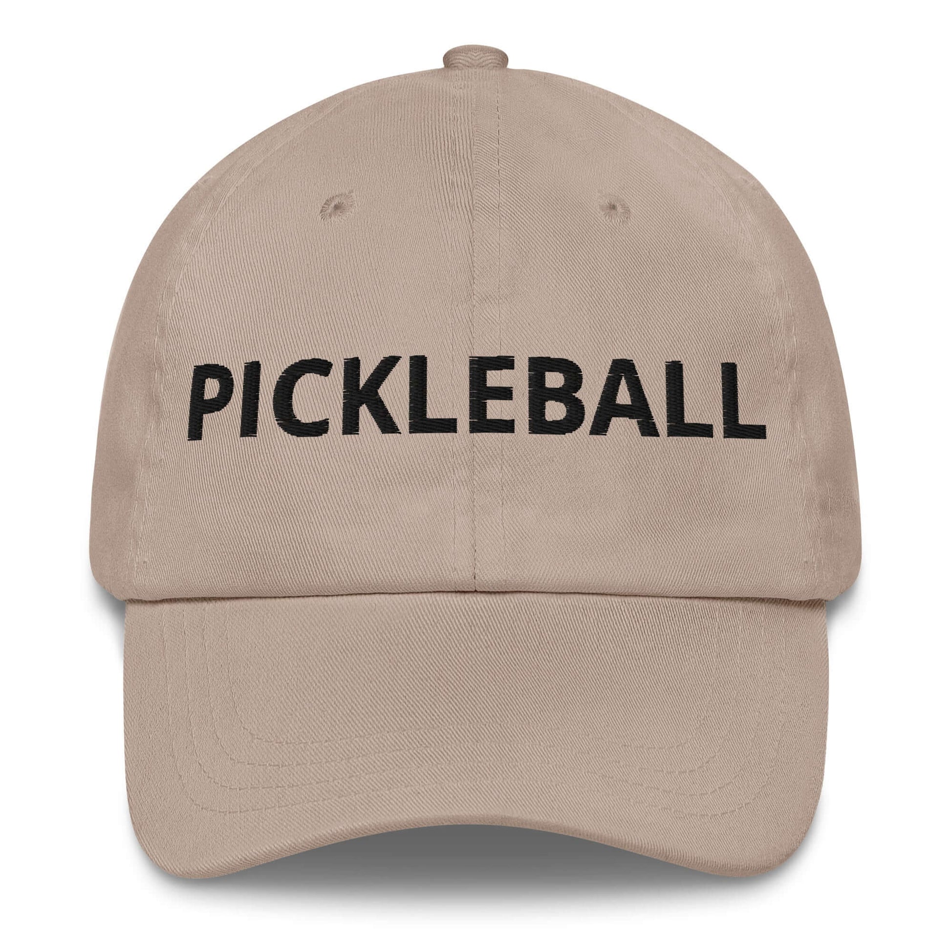 Beige dad hat with bold black "Pickleball" embroidery, perfect for enthusiastic players wanting a sporty and stylish look on the court.