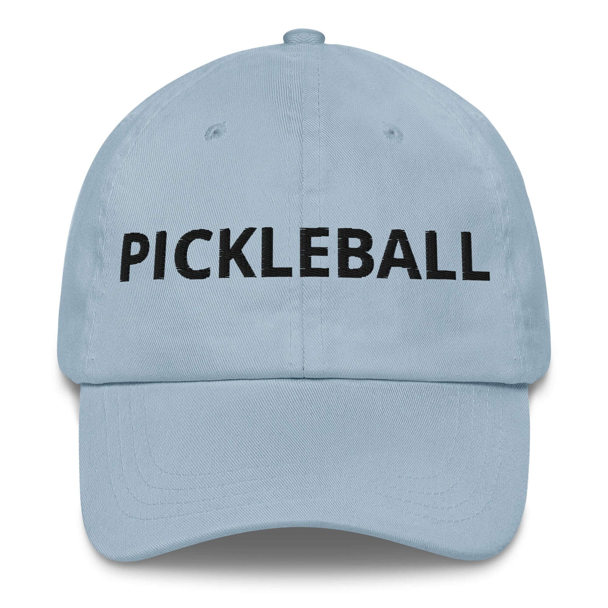 Pickleball dad hat with bold embroidered lettering on a light blue background, perfect for pickleball enthusiasts.