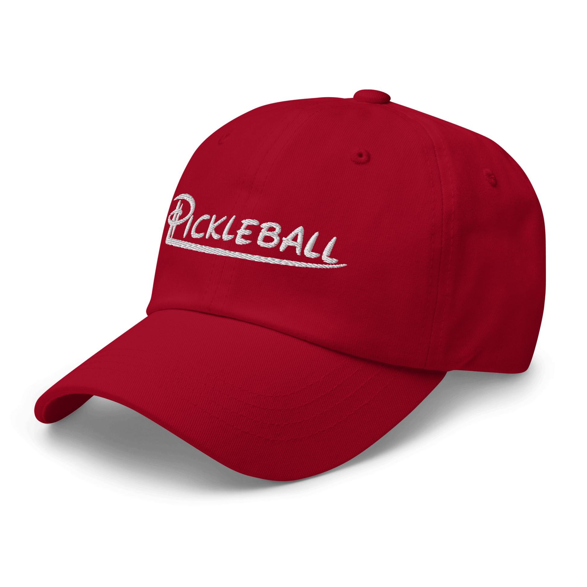 Red low profile pickleball hat with embroidered text and adjustable strap.