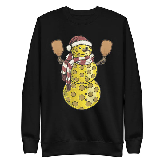 Pickleball Snowman Sweatshirt with Santa Hat and Paddles, festive winter attire for pickleball enthusiasts.