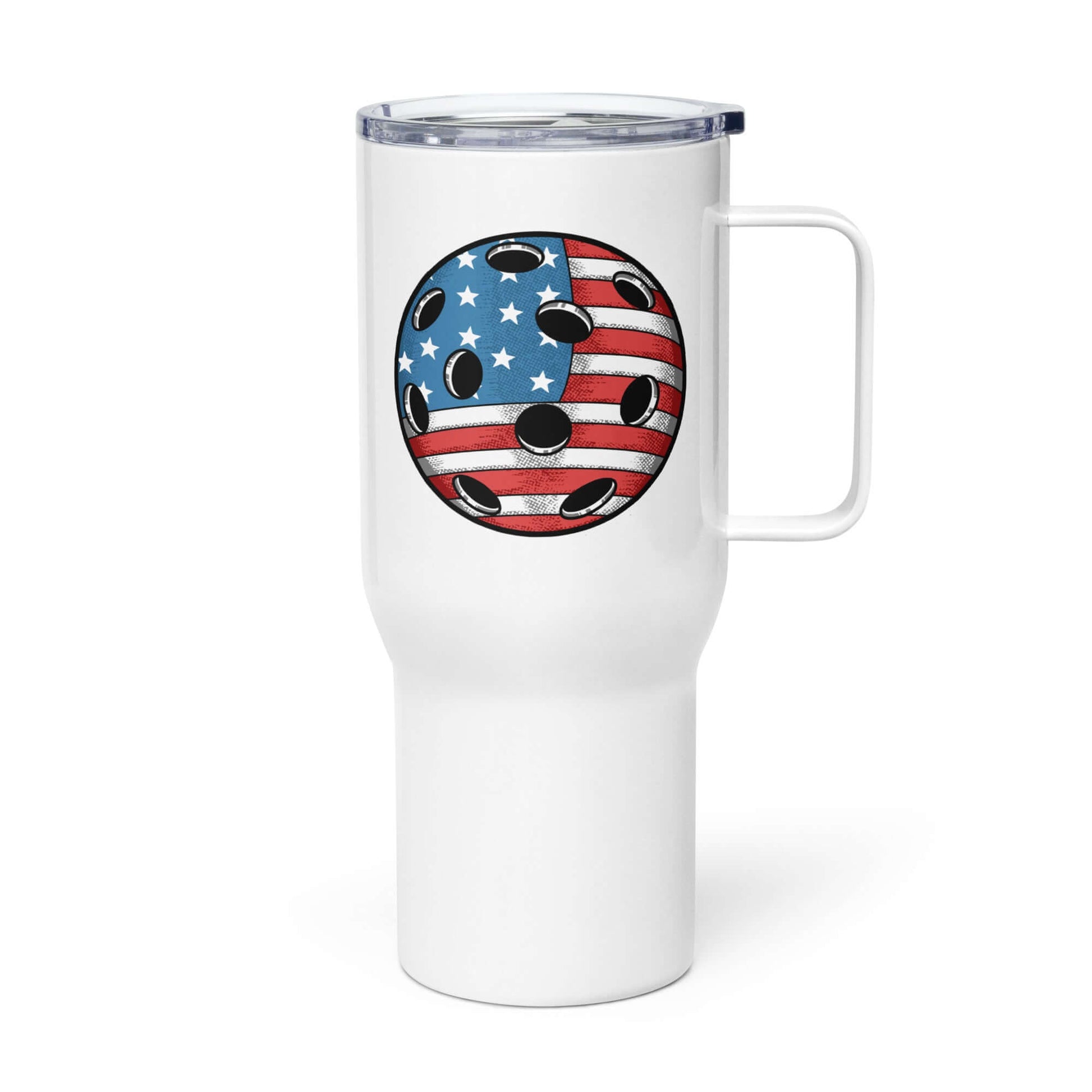 Pickleball American Flag Ball Series travel mug with handle, featuring patriotic design and durable stainless steel construction