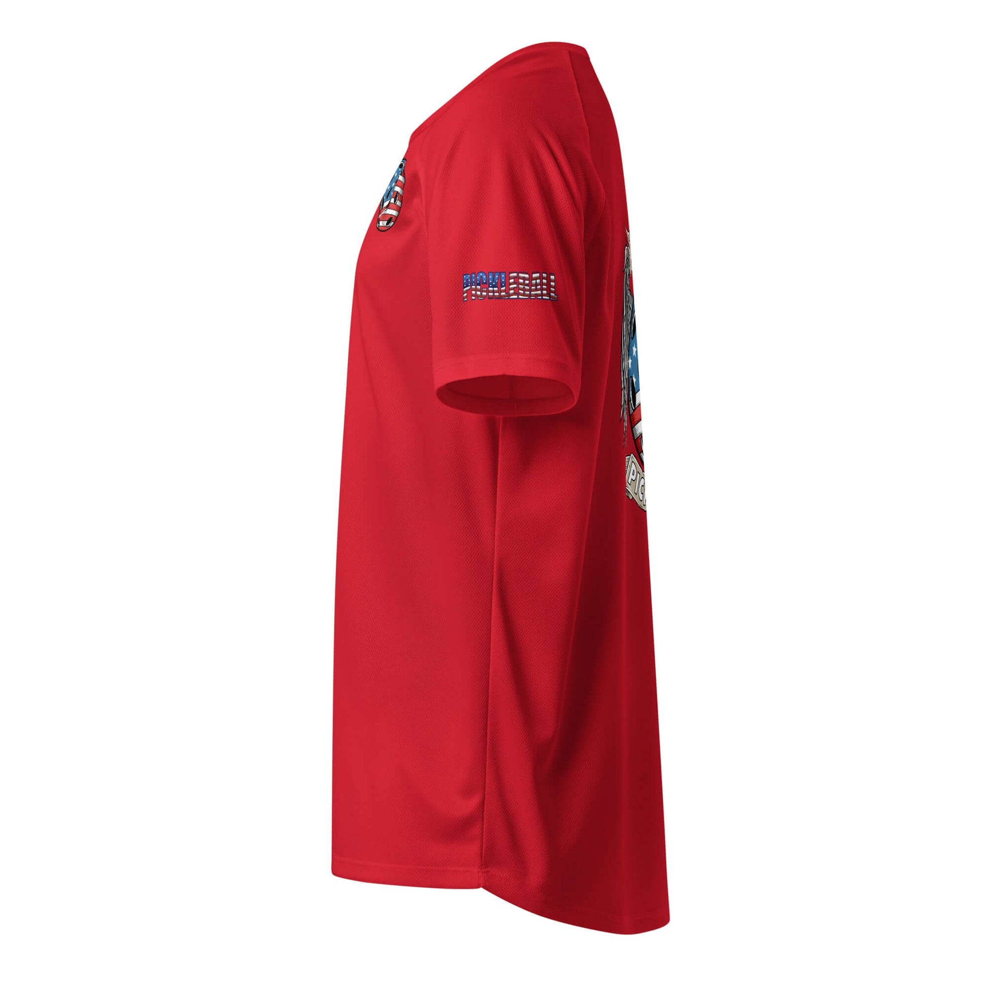 Red Pickleball Ultimate American Dream Series Unisex Sports Shirt side view, showcasing breathable polyester mesh material.