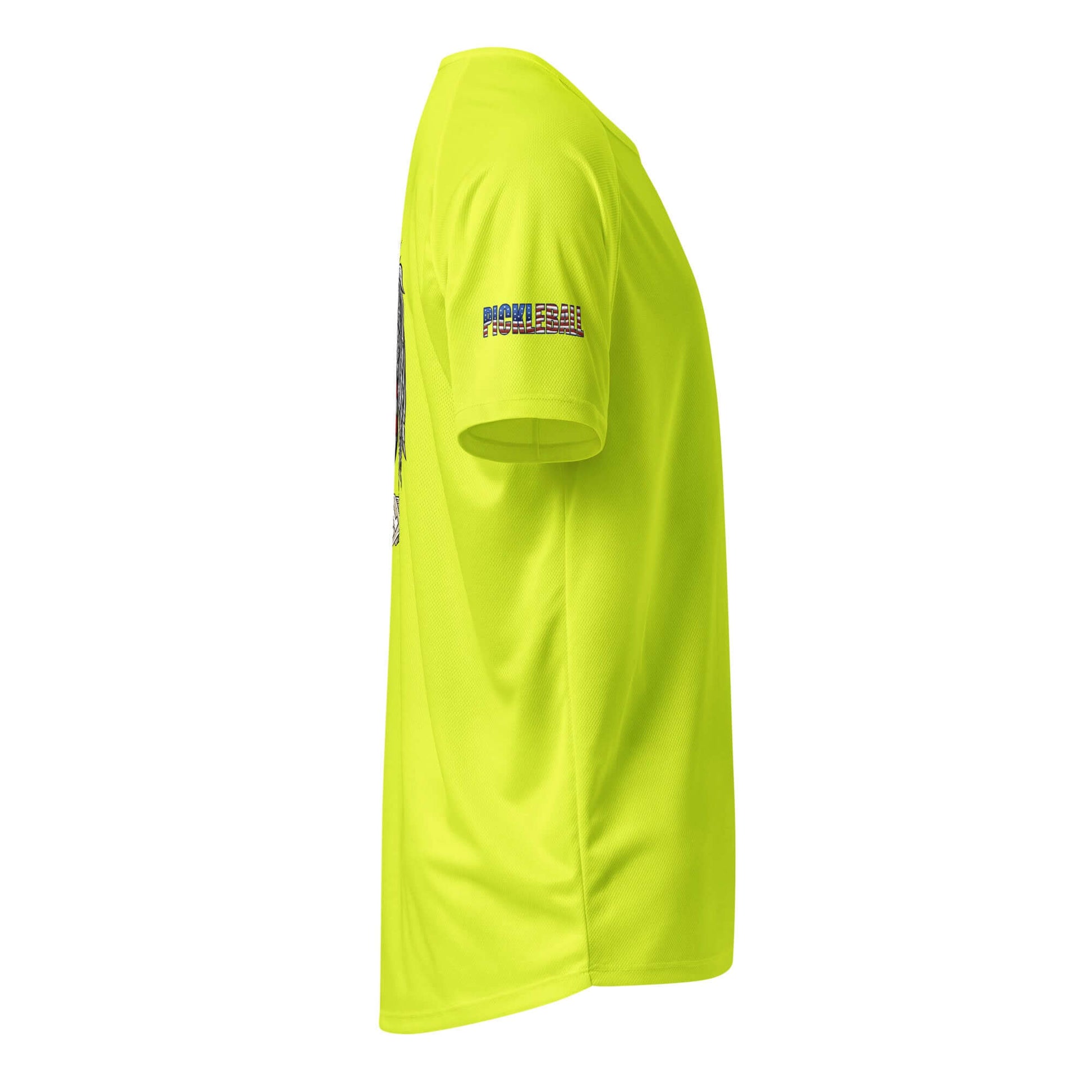 Bright yellow pickleball sports shirt with American Dream Series logo, showcasing moisture-wicking dry-fit material from side view.