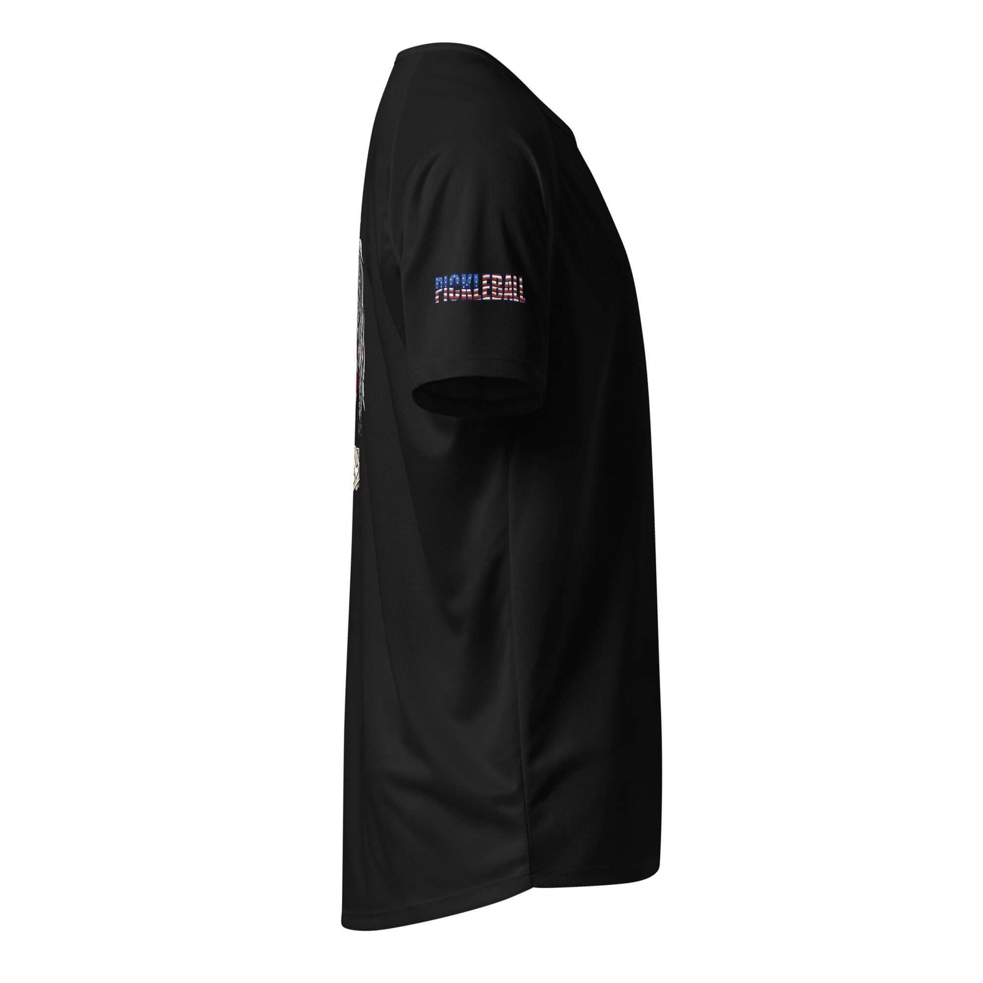 Side view of black Pickleball Ultimate American Dream Series unisex dry-fit sports shirt with American flag detail on sleeve
