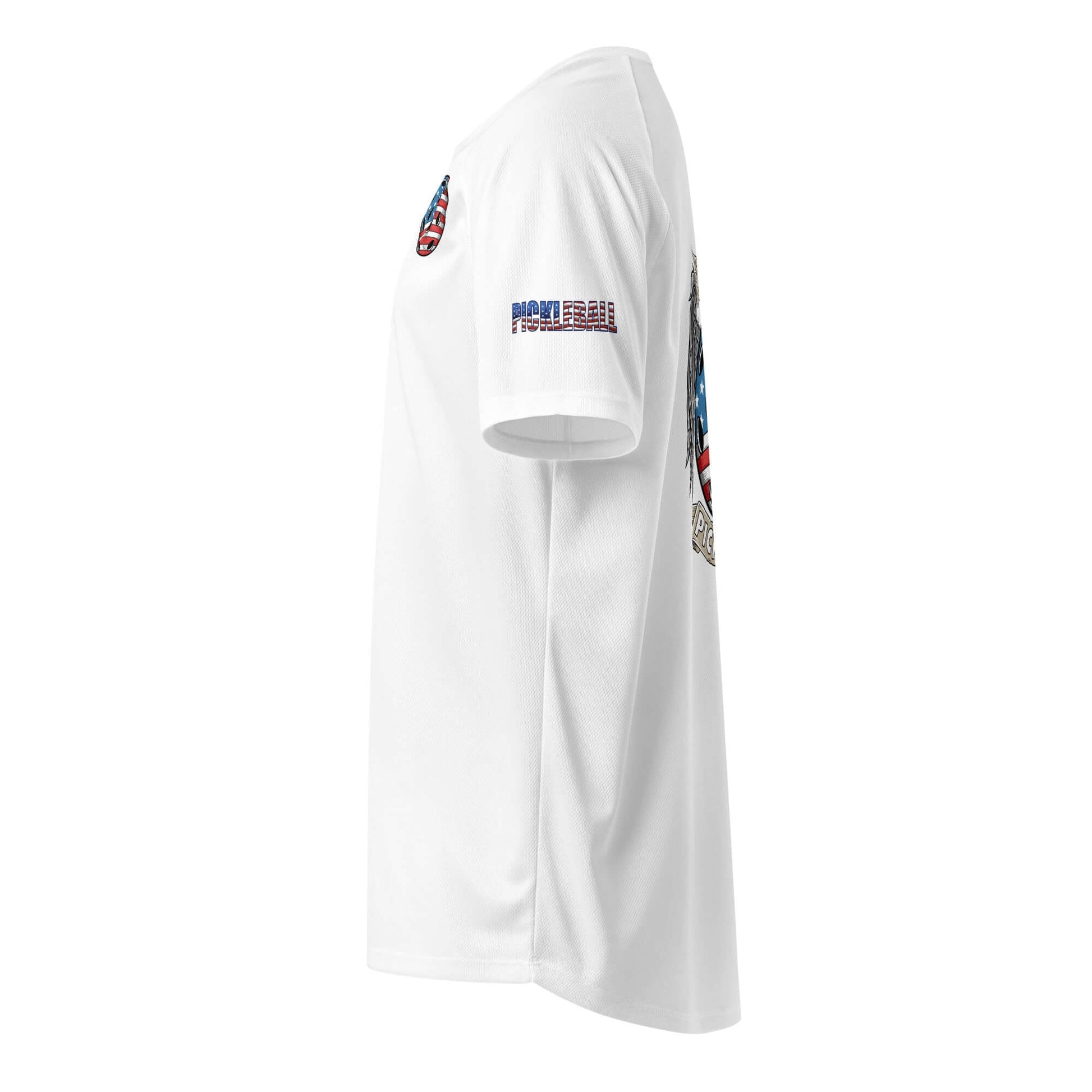 Side view of Pickleball Ultimate American Dream Series unisex sports shirt with dry-fit, moisture-wicking technology, white color.