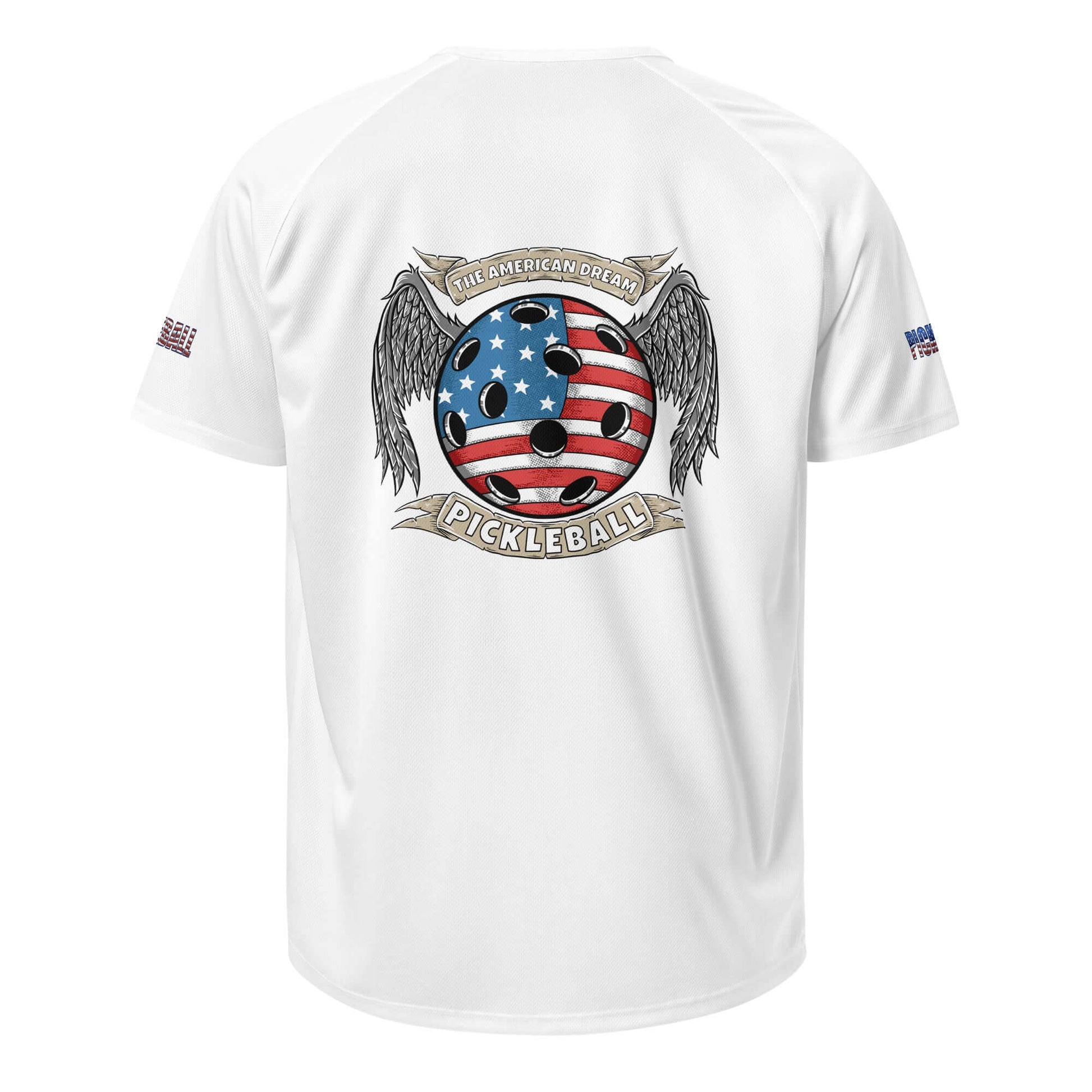 Pickleball Ultimate American Dream Series unisex sports shirt with American flag design and wings on back, dry-fit moisture-wicking tee