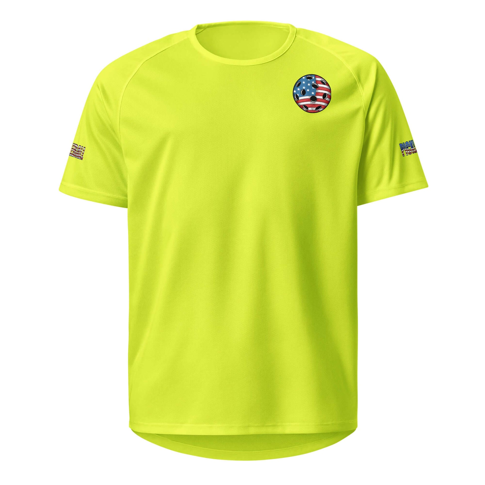 Bright green Pickleball Ultimate American Dream Series unisex sports shirt with American flag design, dry-fit moisture-wicking fabric.