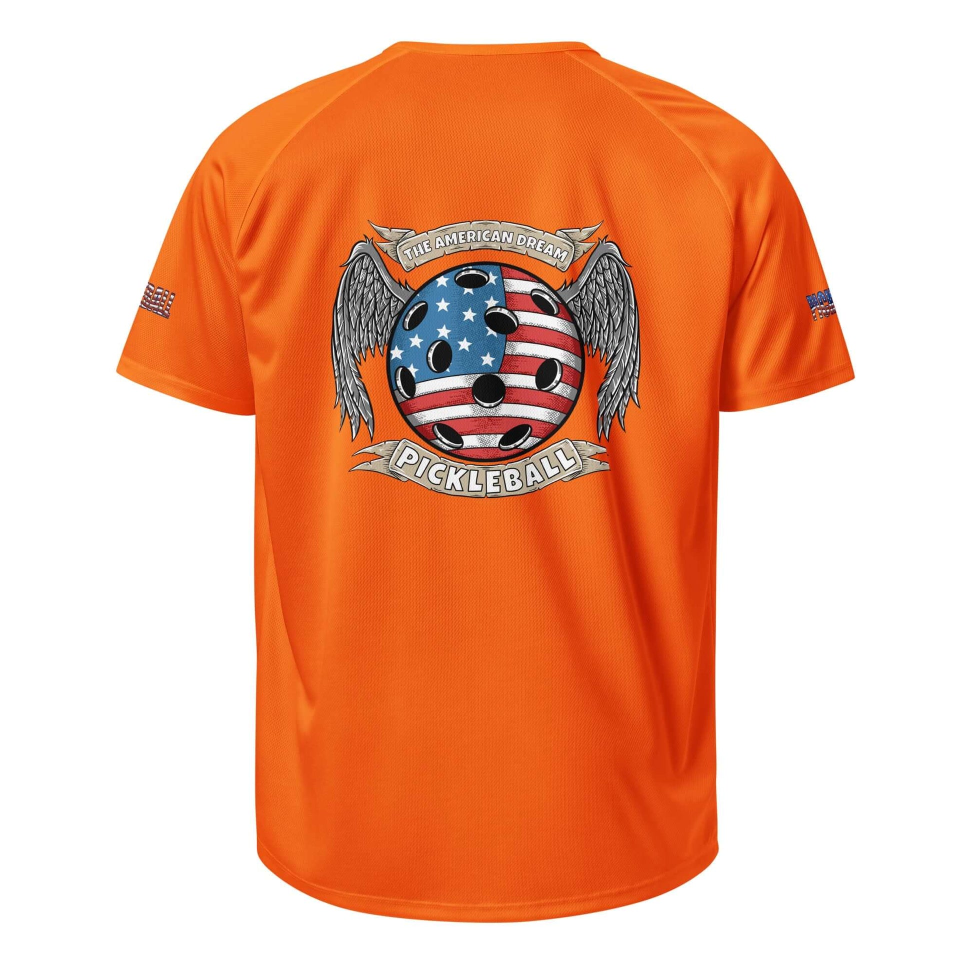 Orange Pickleball American Dream Series Unisex Sports Shirt with USA-themed logo on back, dry-fit moisture-wicking fabric.
