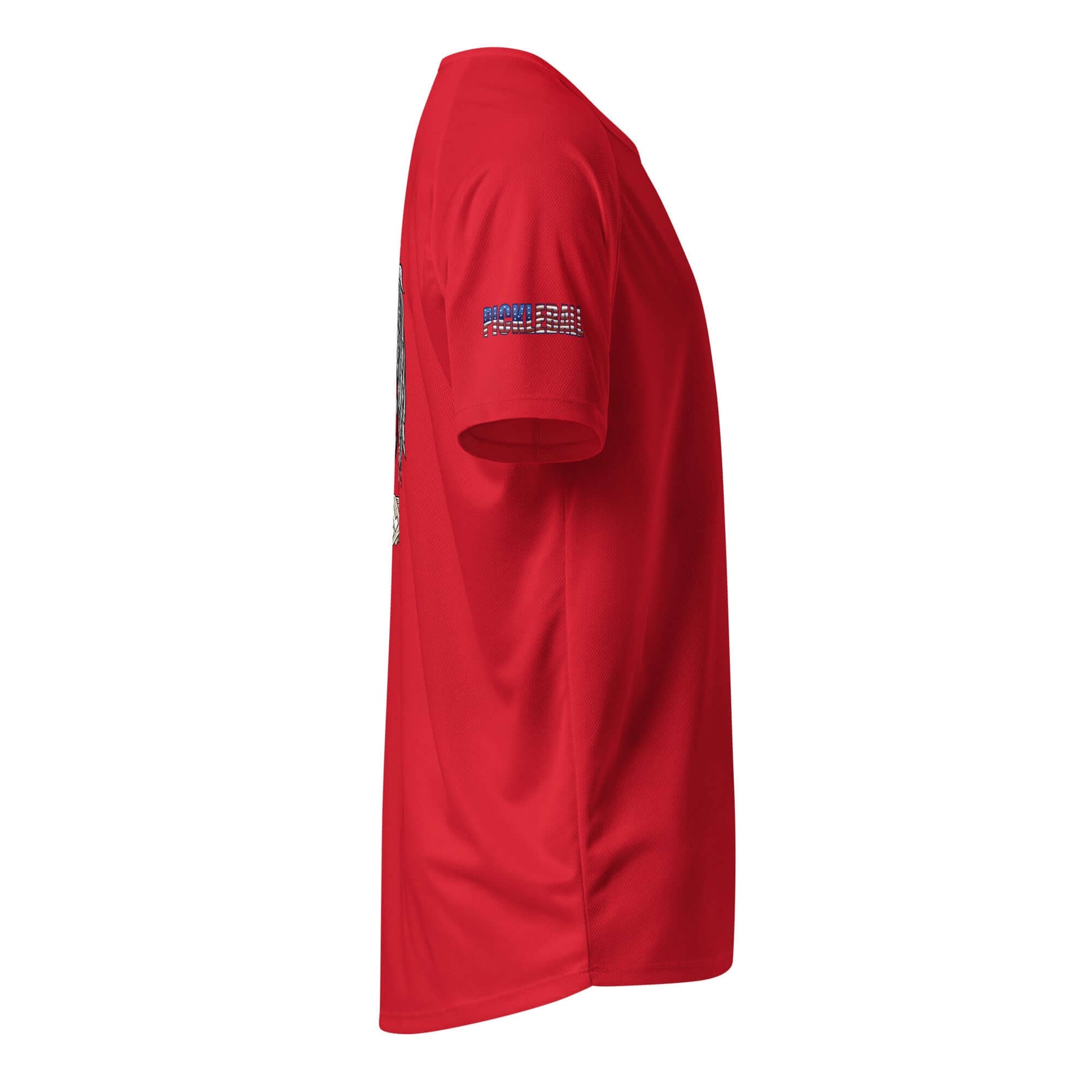 Unisex red pickleball dry-fit shirt side view, moisture-wicking sports tee designed for style and performance.