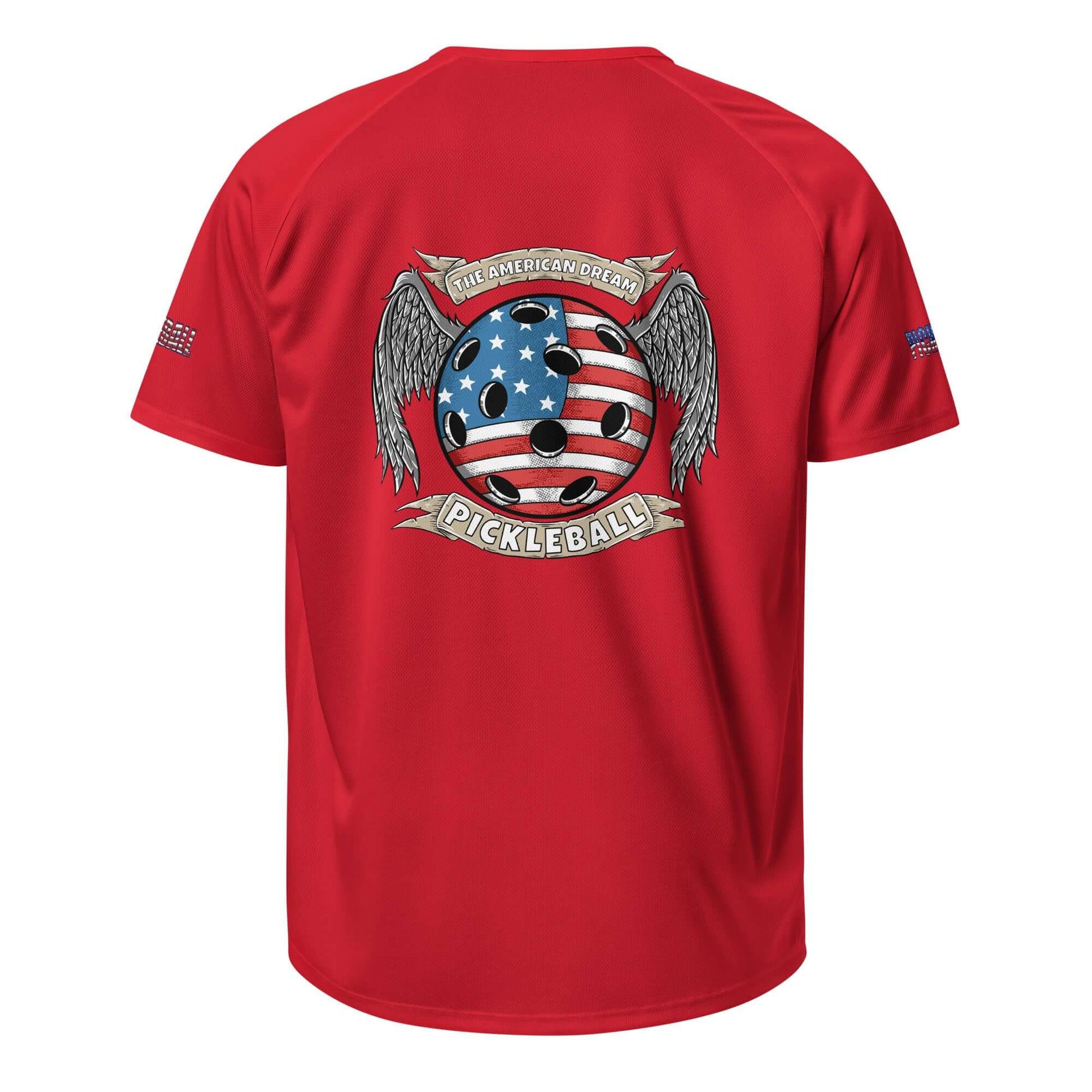 Red pickleball shirt with American flag design and "The American Dream" graphic on the back, perfect for sports enthusiasts.