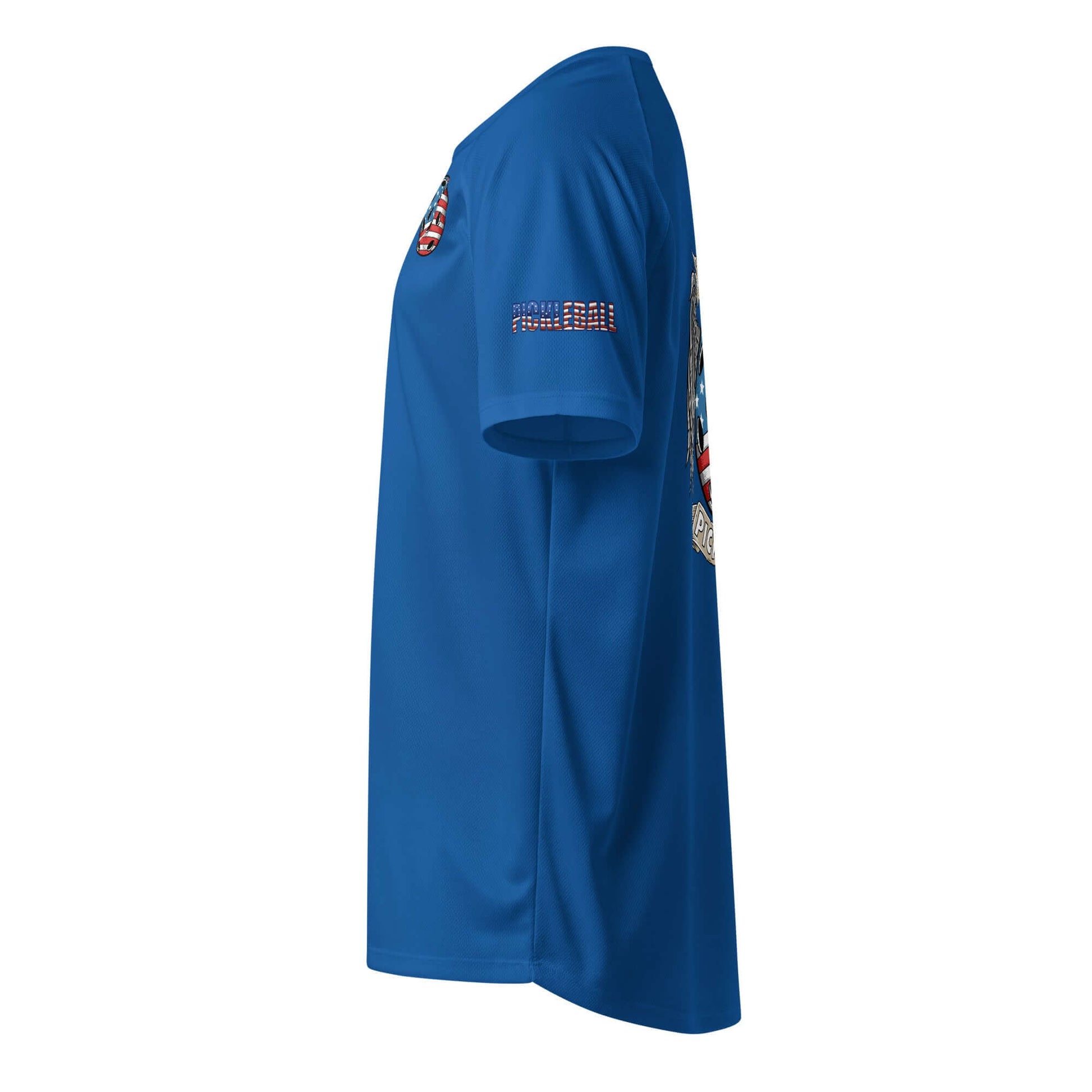 Blue Pickleball Ultimate American Dream Series moisture wicking sports shirt side view, featuring breathable polyester mesh.