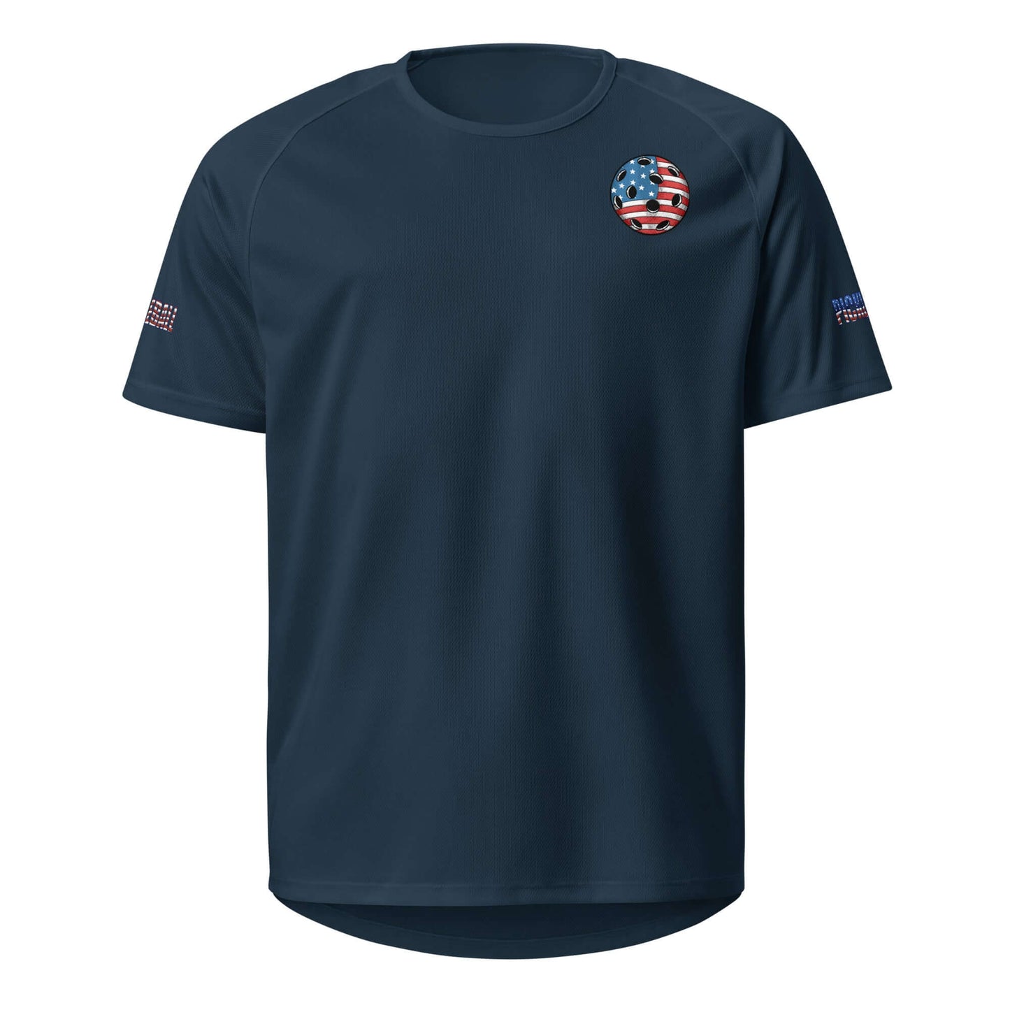 Unisex American Dream Pickleball Sports Shirt in navy with USA flag design, dry-fit moisture-wicking tee for pickleball enthusiasts
