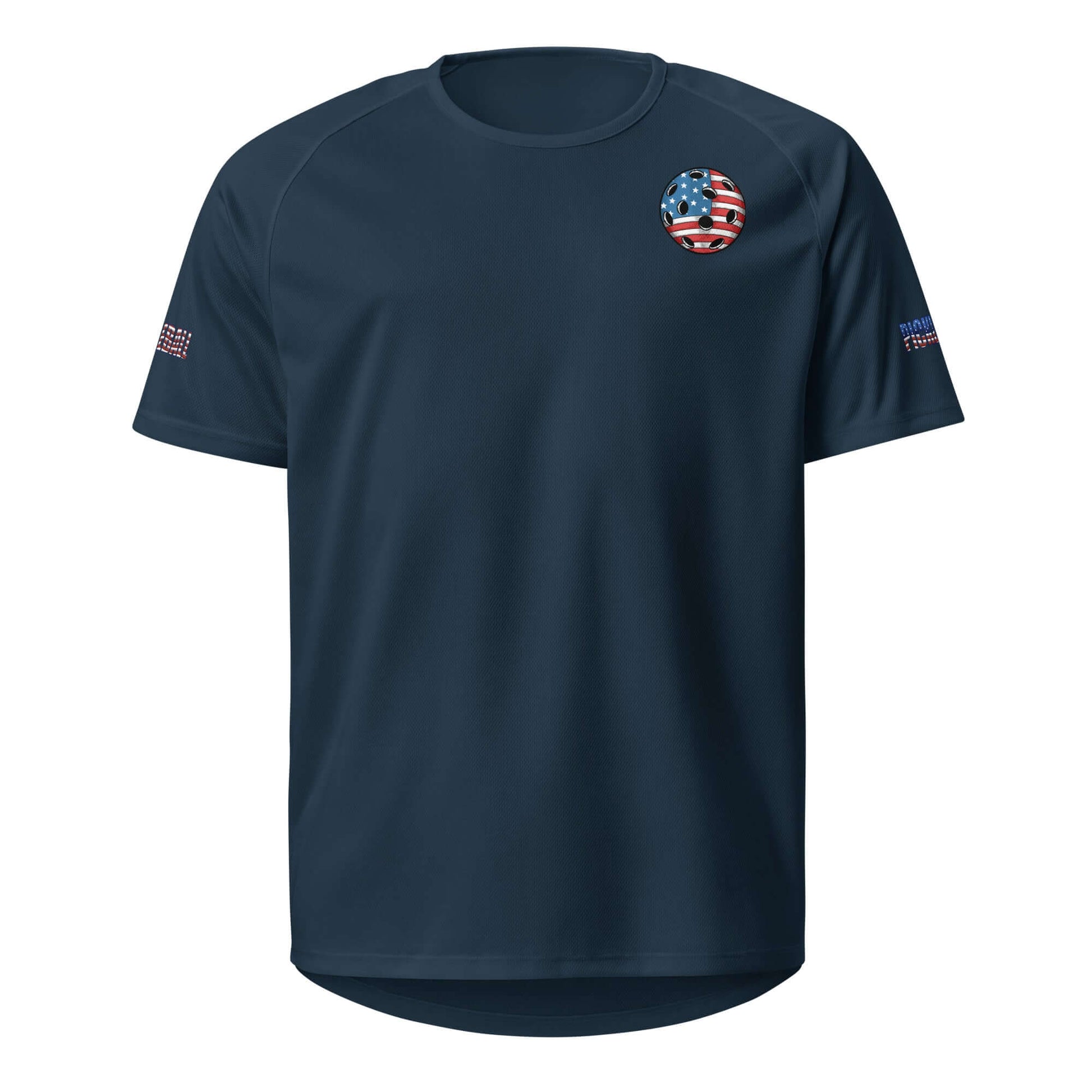 Unisex American Dream Pickleball Sports Shirt in navy with USA flag design, dry-fit moisture-wicking tee for pickleball enthusiasts
