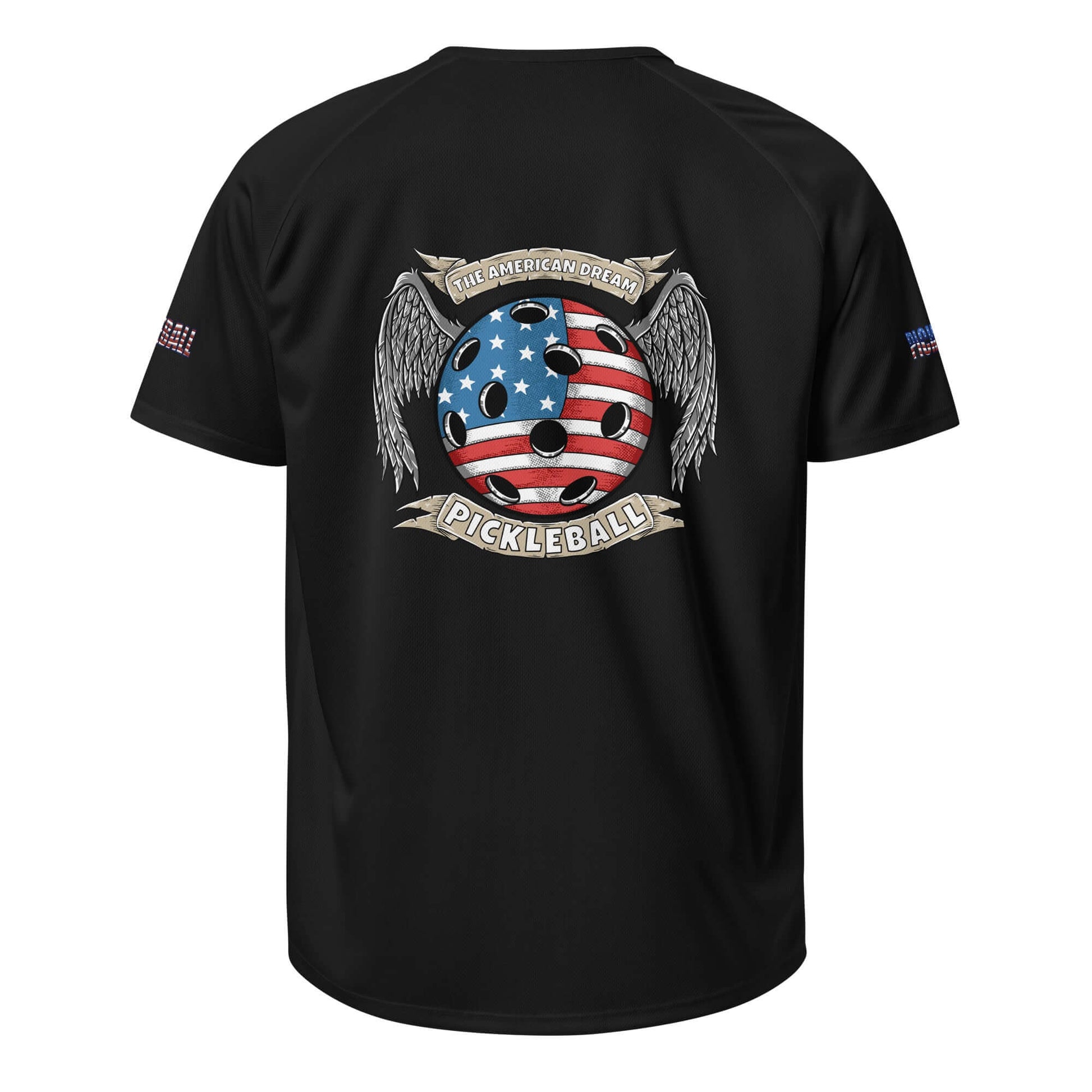Unisex pickleball shirt featuring American flag-themed design on back with wings graphic, ideal for sports and style enthusiasts.