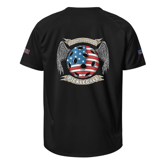 Unisex pickleball shirt featuring American flag-themed design on back with wings graphic, ideal for sports and style enthusiasts.