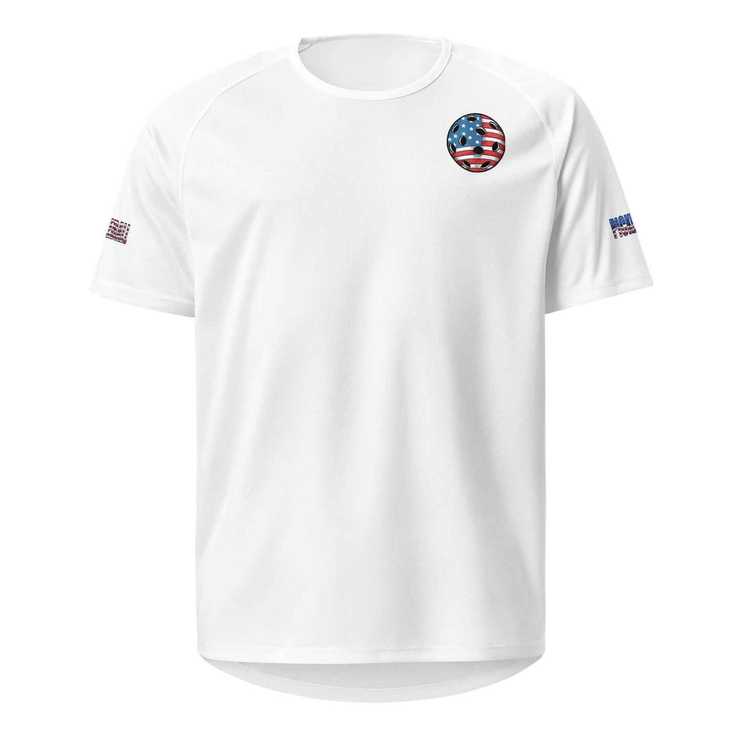 Pickleball Ultimate American Dream Series Unisex Dry Fit Sports Shirt with USA flag logo, perfect for performance and style.