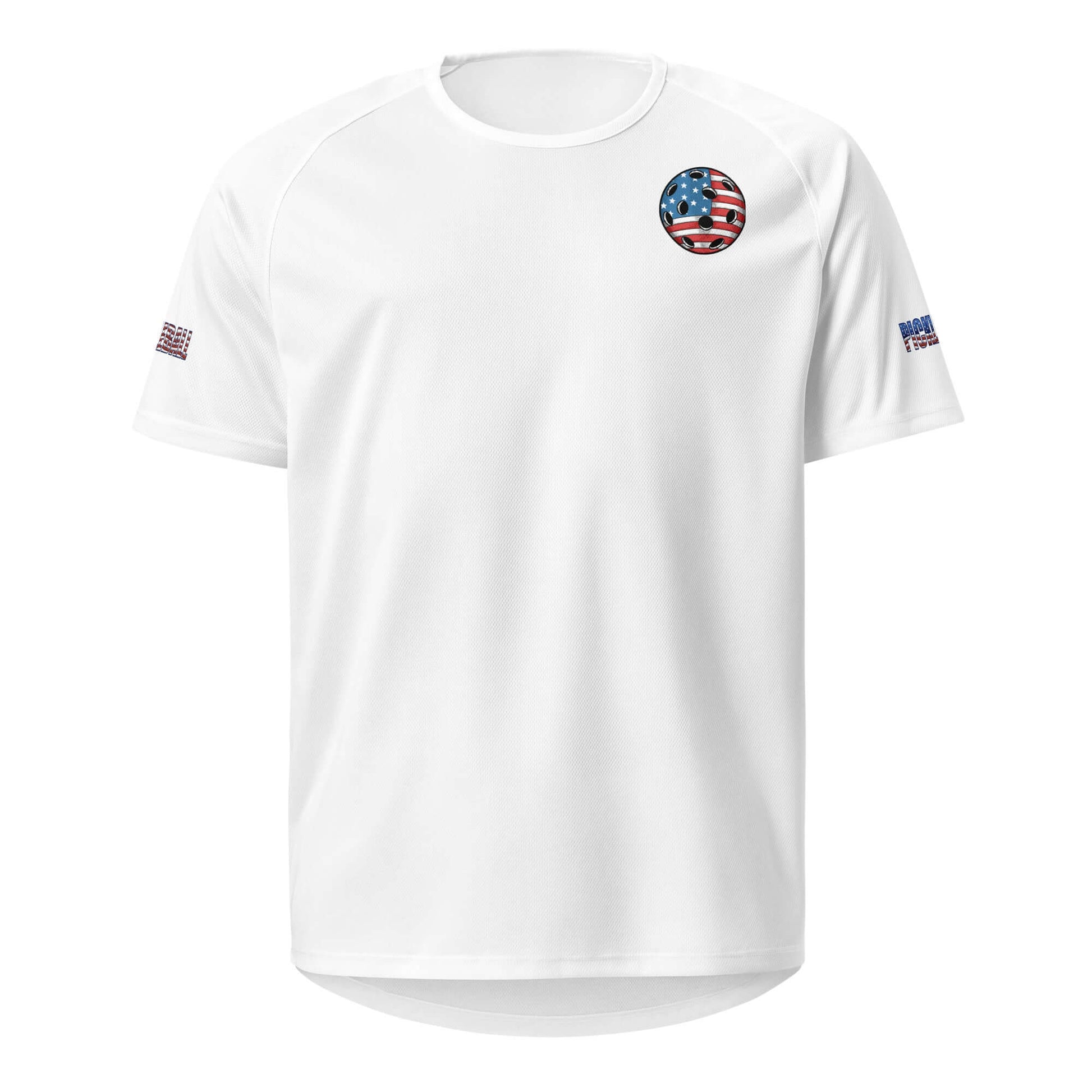 Pickleball Ultimate American Dream Series Unisex Dry Fit Sports Shirt with USA flag logo, perfect for performance and style.
