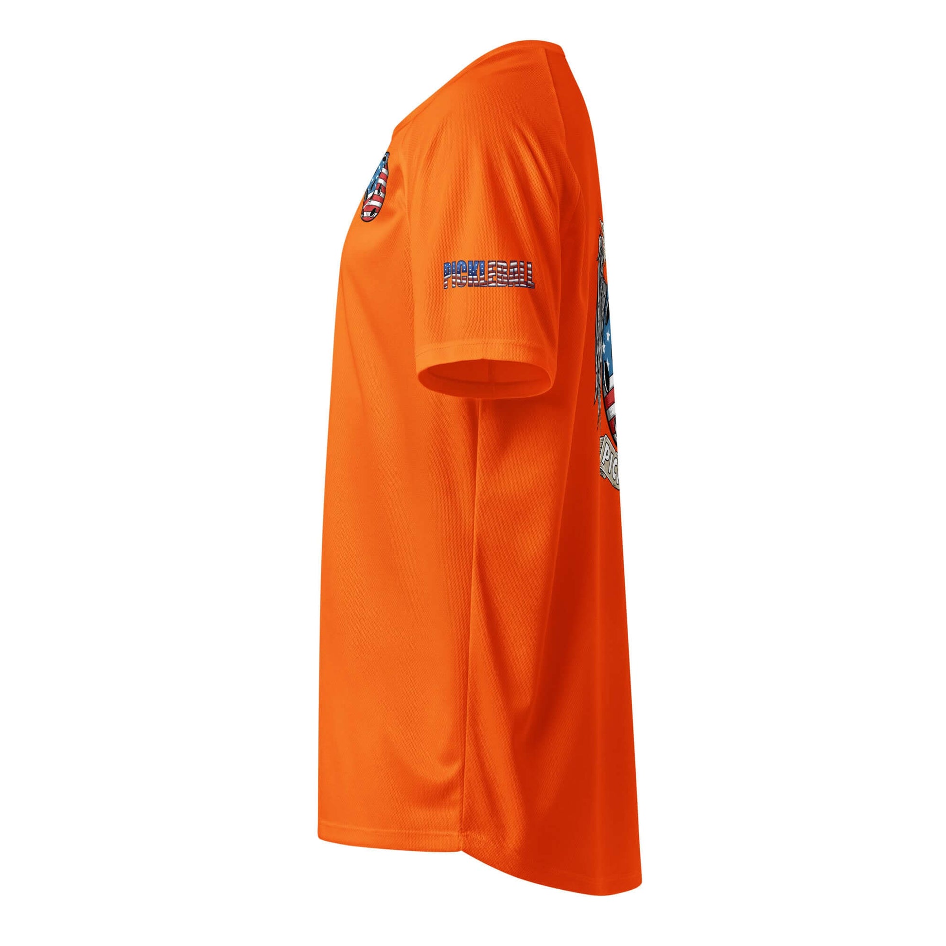 Orange unisex dry-fit pickleball sports shirt side view with American Dream Series design