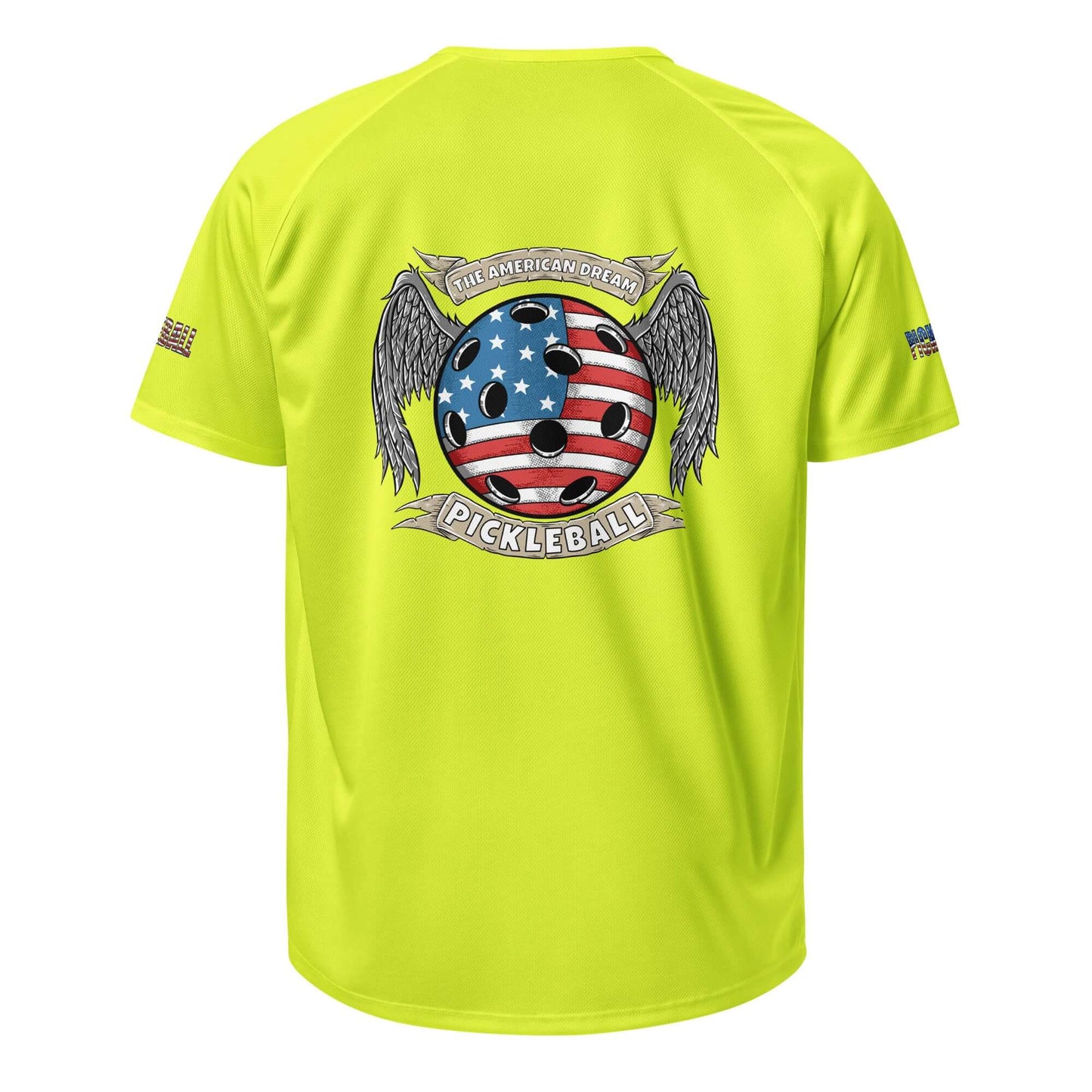 Unisex yellow pickleball sports shirt with American flag design and wings on the back, promoting the Pickleball Ultimate American Dream Series.