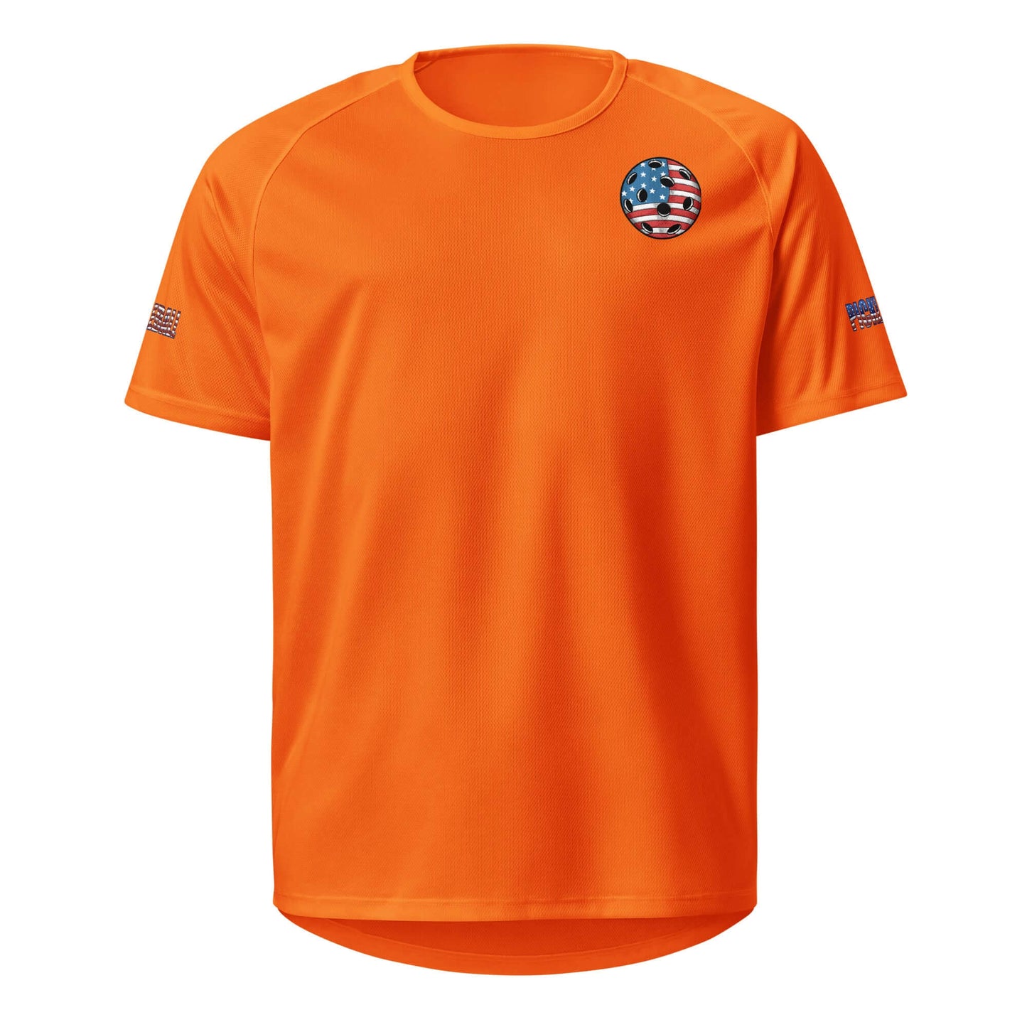 Orange pickleball shirt with American flag logo, unisex dry-fit moisture-wicking tee for sports enthusiasts.