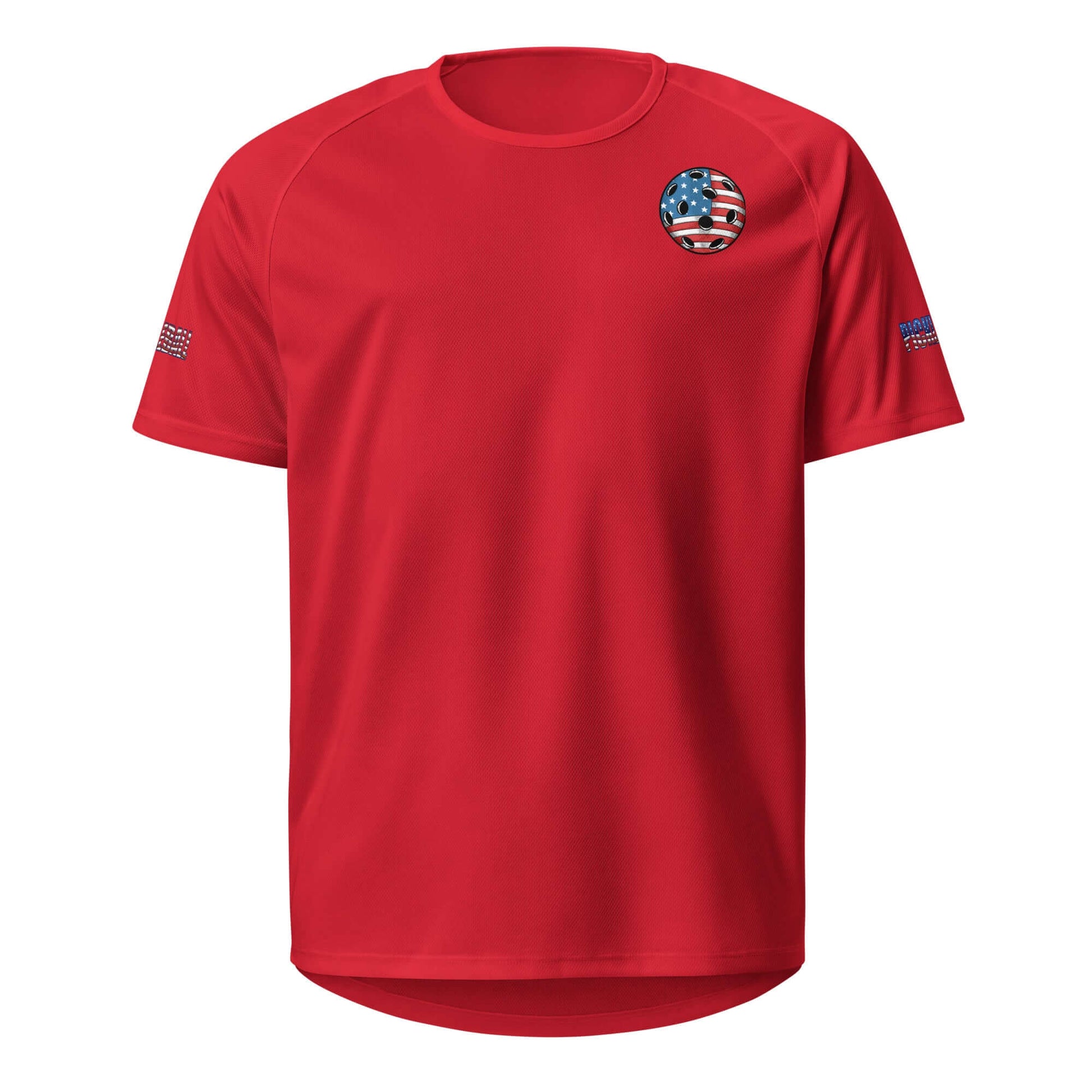 Red Pickleball Ultimate American Dream Series Unisex Dry-Fit Sports Shirt with USA flag graphic on front.