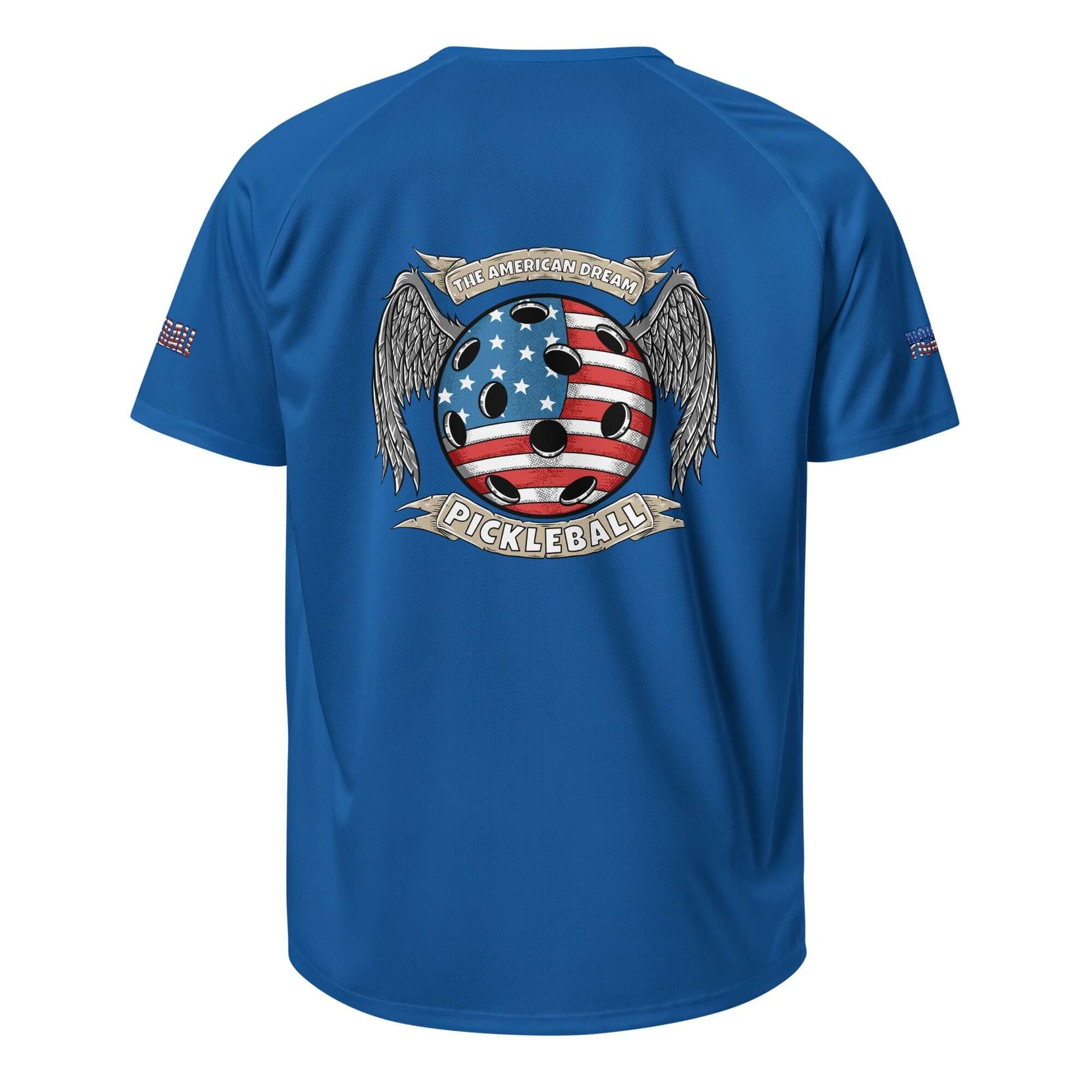 Blue unisex pickleball sports shirt with American flag ball and wings design, showcasing dry-fit moisture-wicking fabric.