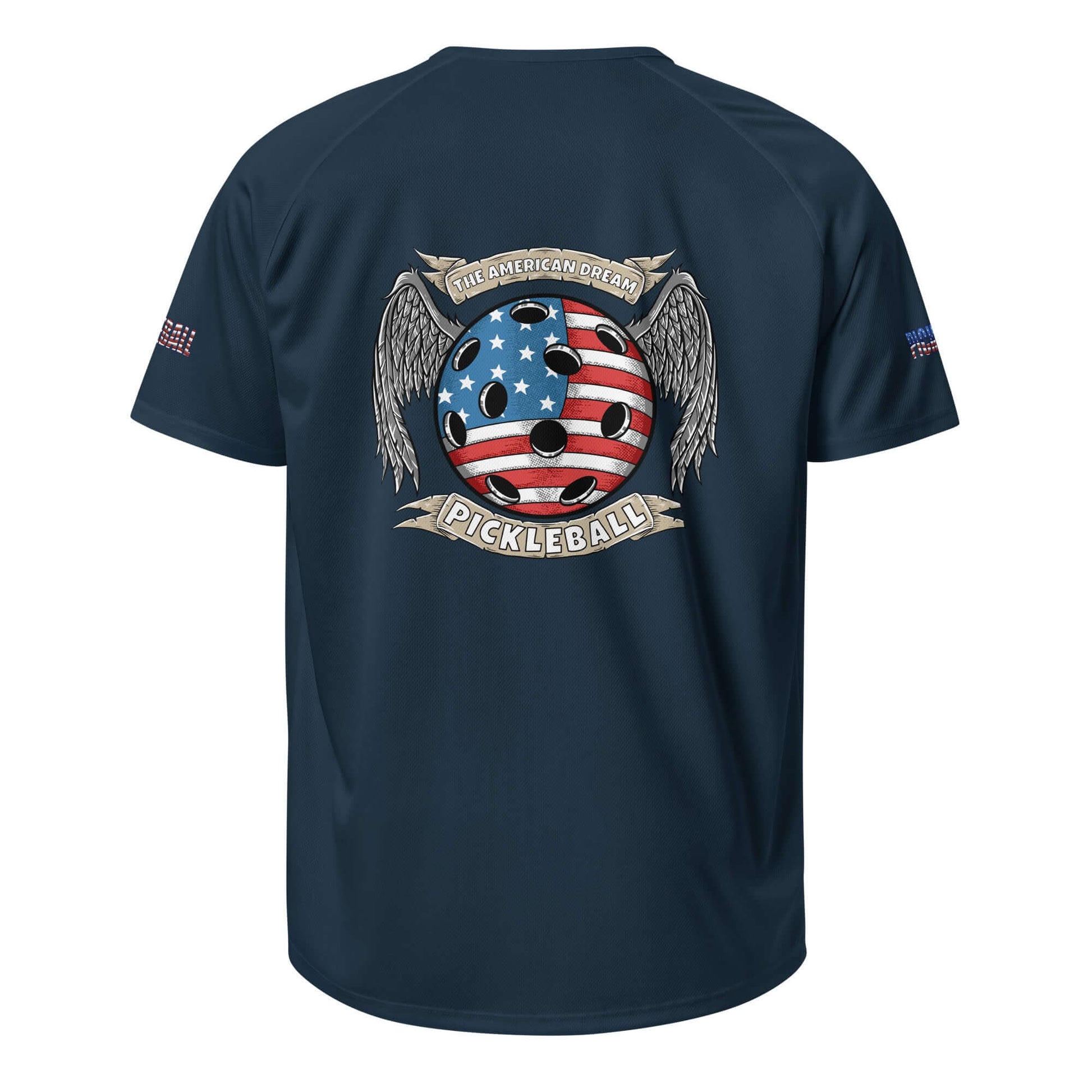 "Pickleball Ultimate American Dream Series Unisex Dry-Fit Sports Shirt with USA-themed design on the back"