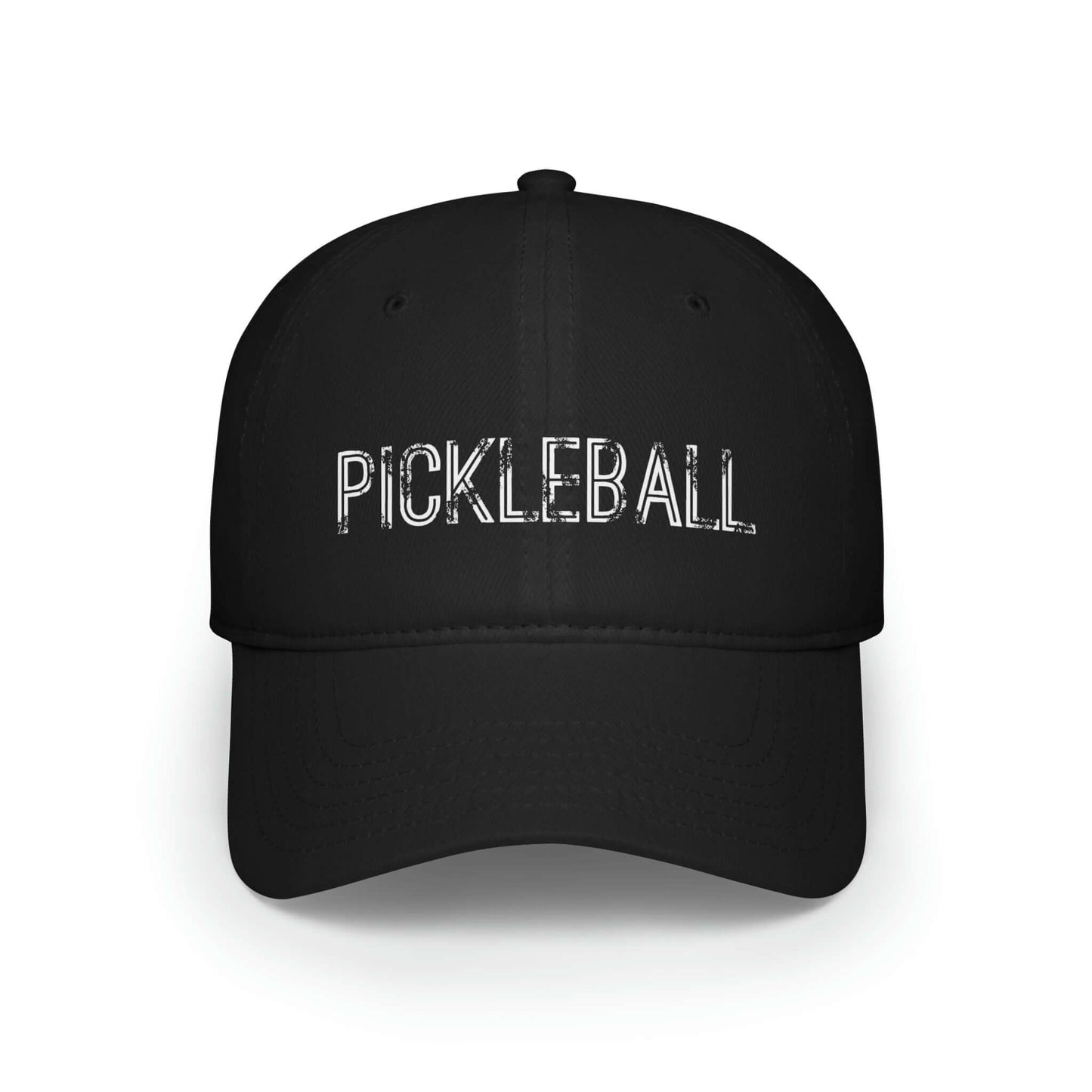 Black Pickleball Urban Series low profile baseball cap with embroidered logo, stylish and durable for pickleball enthusiasts.