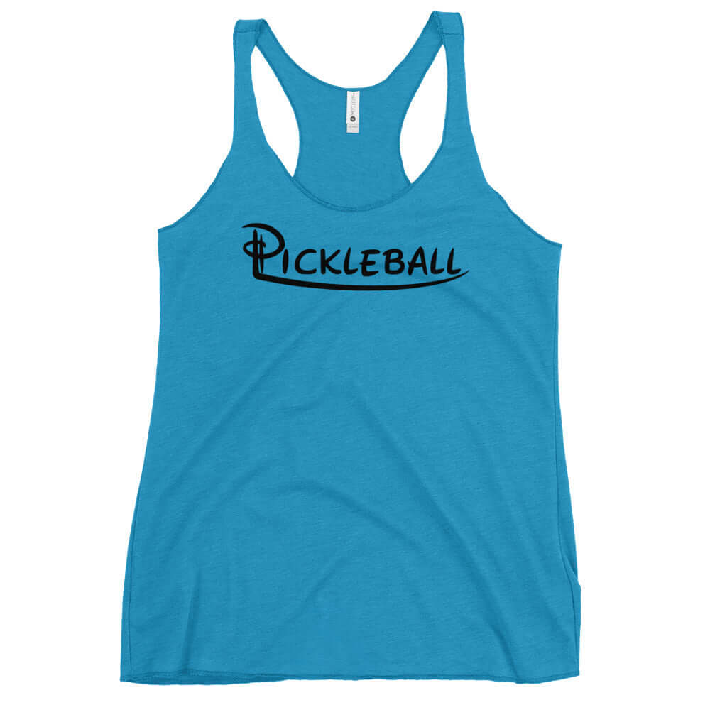 Women's blue pickleball racerback tank with sporty design, perfect for style and comfort on the court.