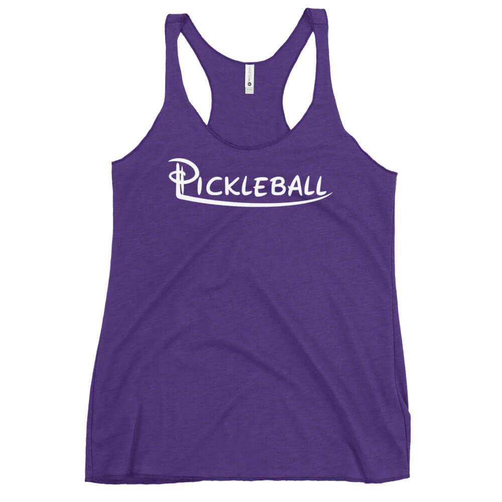 Purple women's racerback tank from Pickleball Serve Up Style Series with white "Pickleball" text on front.