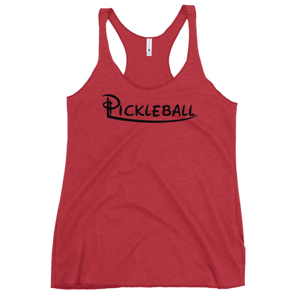 Red women's racerback tank with "Pickleball" text, part of the Serve Up Style Series for sporty elegance and comfort.