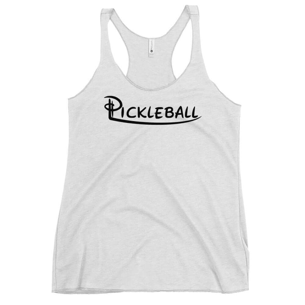 Women's pickleball racerback tank in white with "Pickleball" text, part of the Serve Up Style Series, sporty and elegant design.