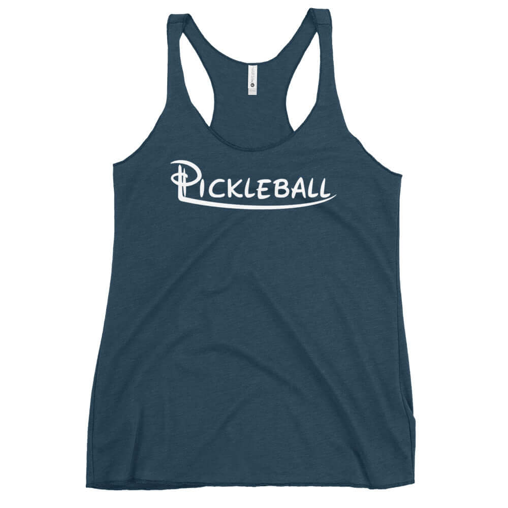 Women's blue racerback tank with "Pickleball" text, part of Serve Up Style Series for an elegant and sporty look.