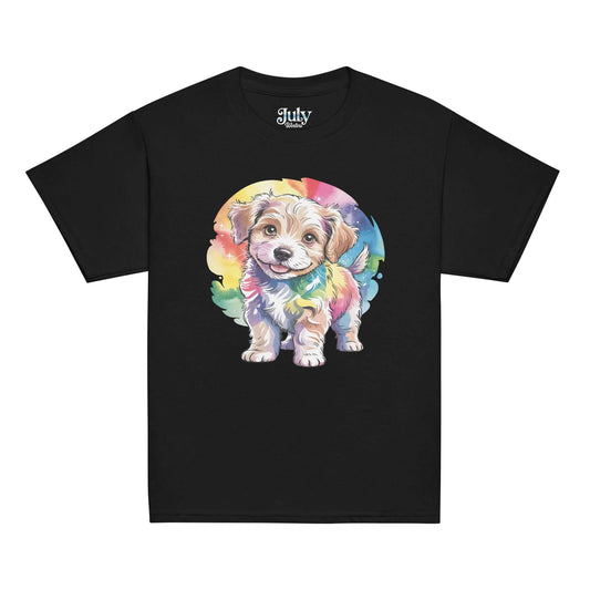PUP LUV Youth Classic Tee featuring a colorful dog illustration from the July Winters Collection on a black background.