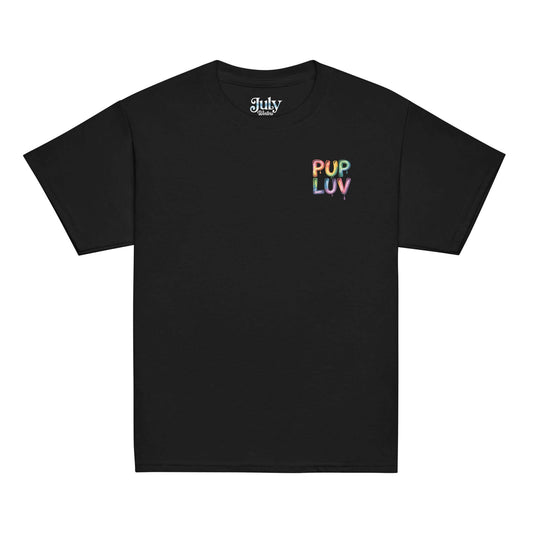 PUP LUV Youth Classic Tee in black, featuring vibrant tie-dye lettering from July Winters Collection.