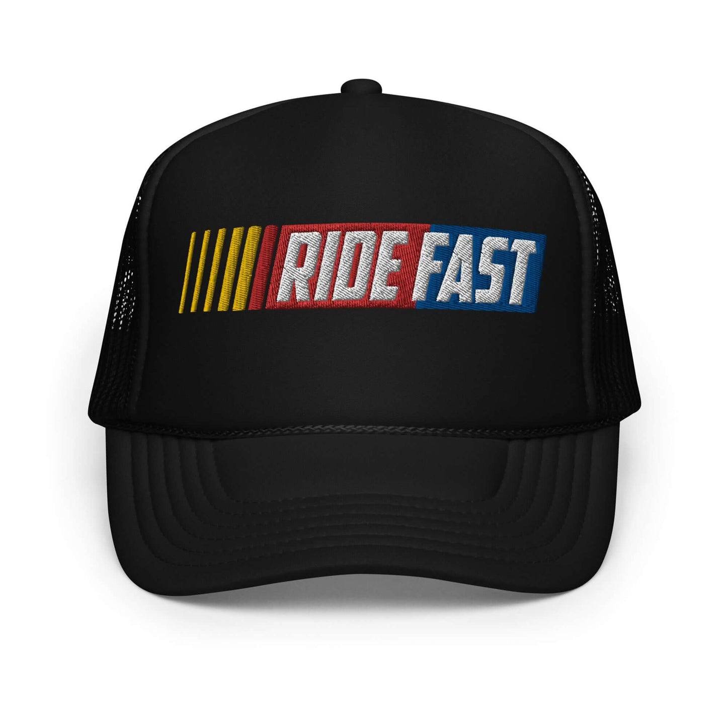 Black foam trucker hat with "Ride Fast" design, adjustable snapback, and breathable mesh back.