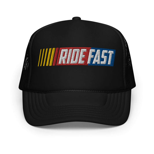 Black foam trucker hat with "Ride Fast" design, adjustable snapback, and breathable mesh back.