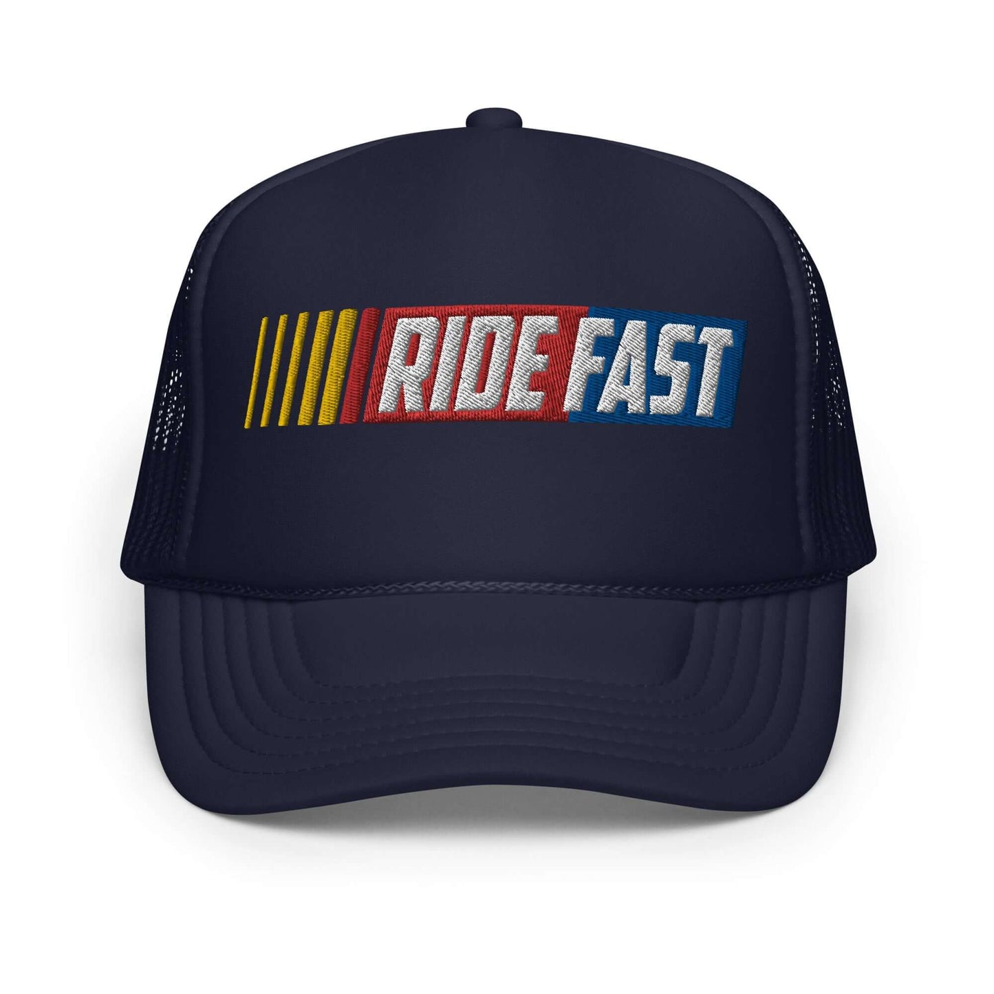 Black foam trucker hat with "Ride Fast" logo, featuring colorful stripes and mesh back for breathability.