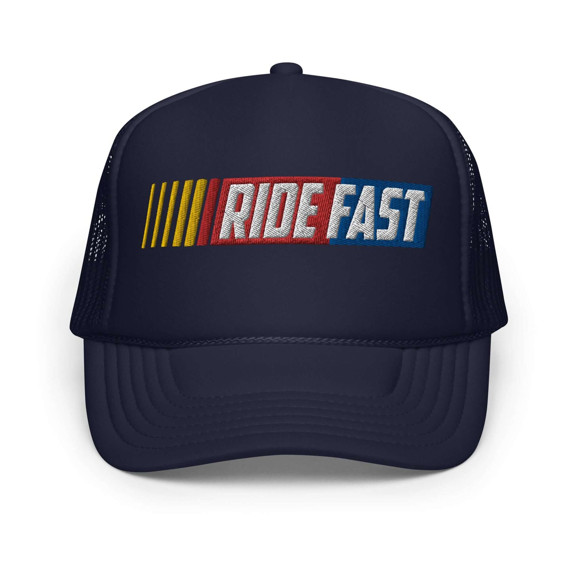 Black foam trucker hat with "Ride Fast" logo, featuring colorful stripes and mesh back for breathability.