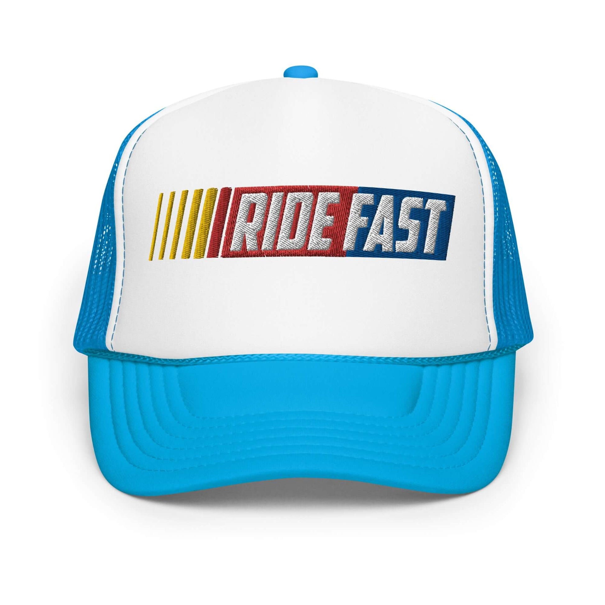 Blue and white foam trucker hat with "Ride Fast" logo on front, featuring mesh back and adjustable snap for comfortable fit.