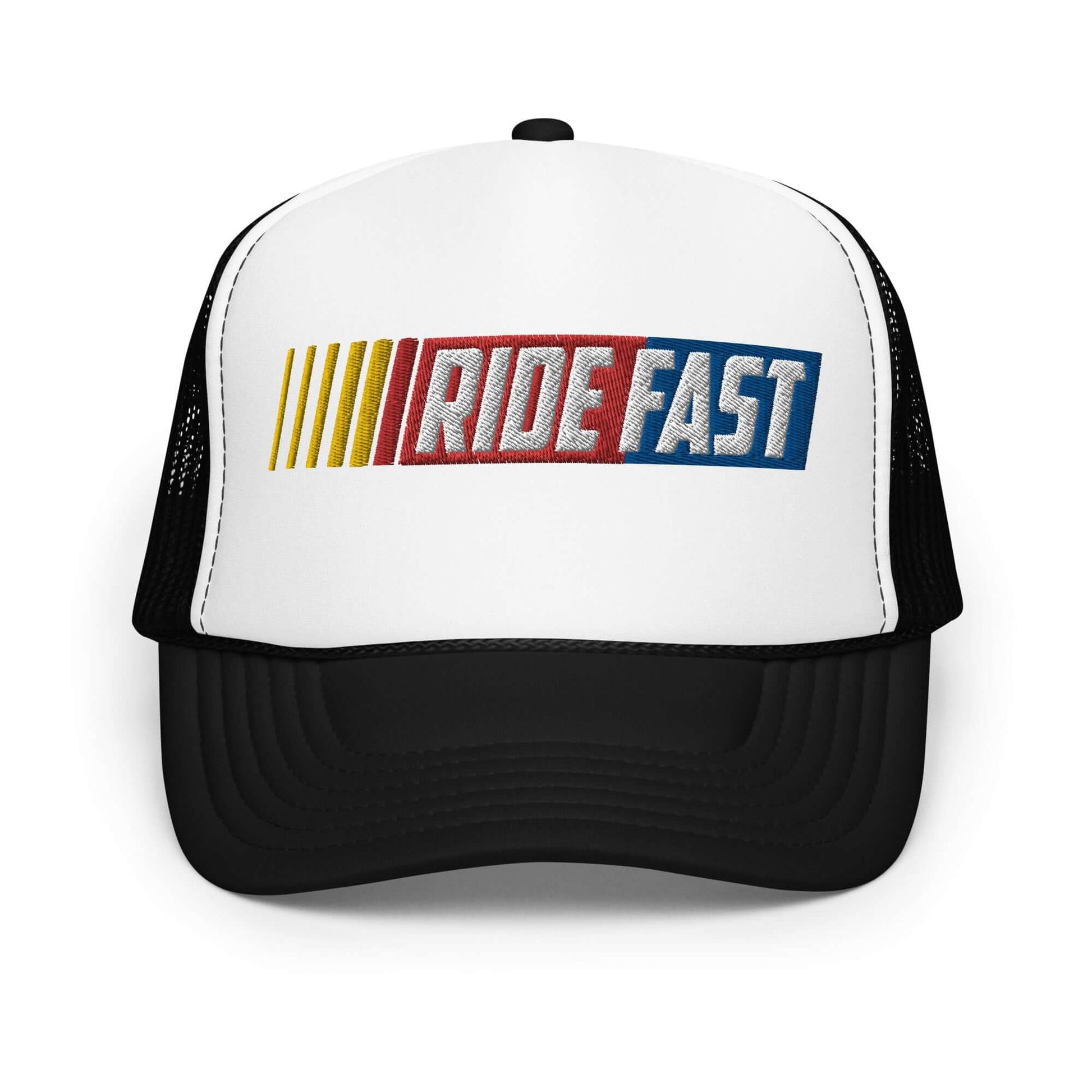 Black and white foam trucker hat with "Ride Fast" design on front, featuring mesh back and adjustable snap closure for comfort.