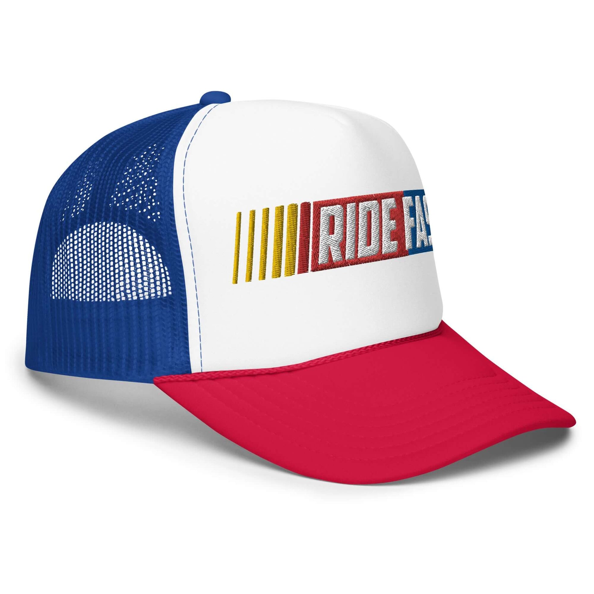 Trendy foam trucker hat with "Ride Fast" design, blue mesh back, and red brim, ideal for stylish outdoor adventures.