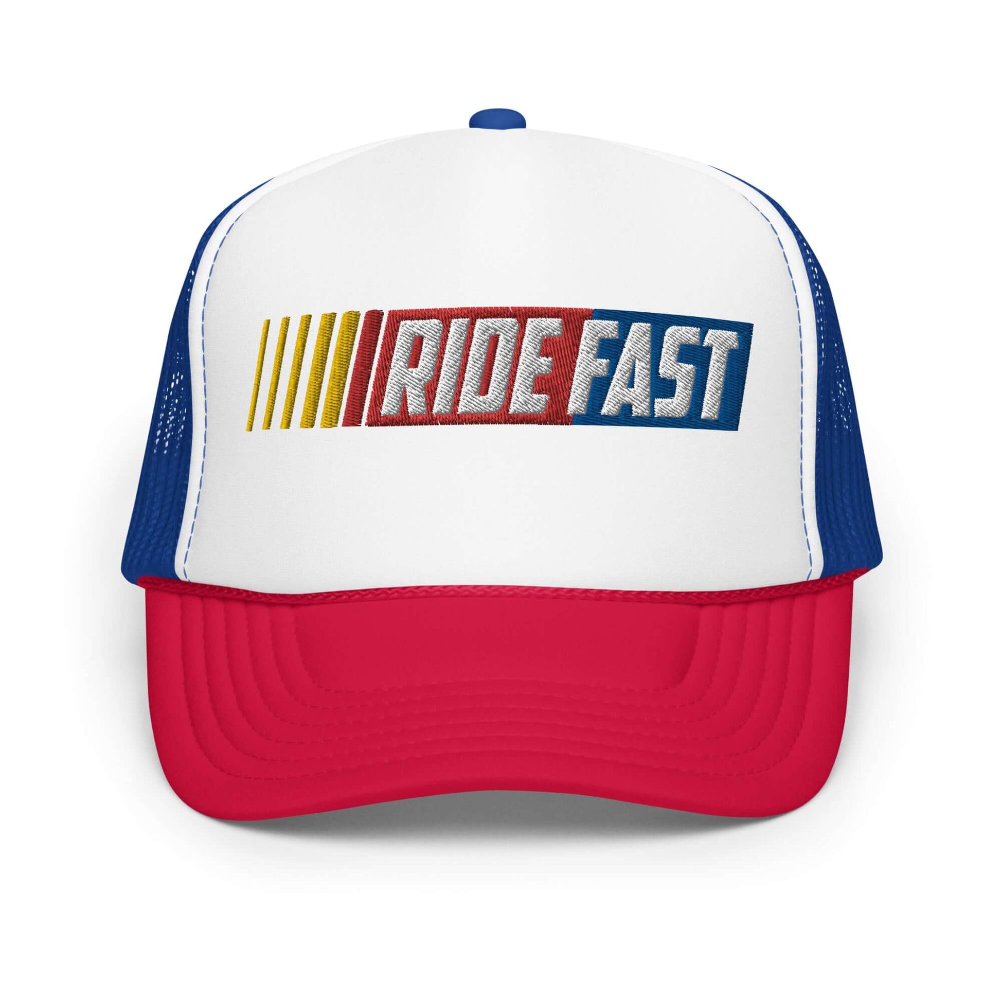 Trendy foam trucker hat with "Ride Fast" logo, featuring a red brim, white front, and blue mesh back for style and breathability.